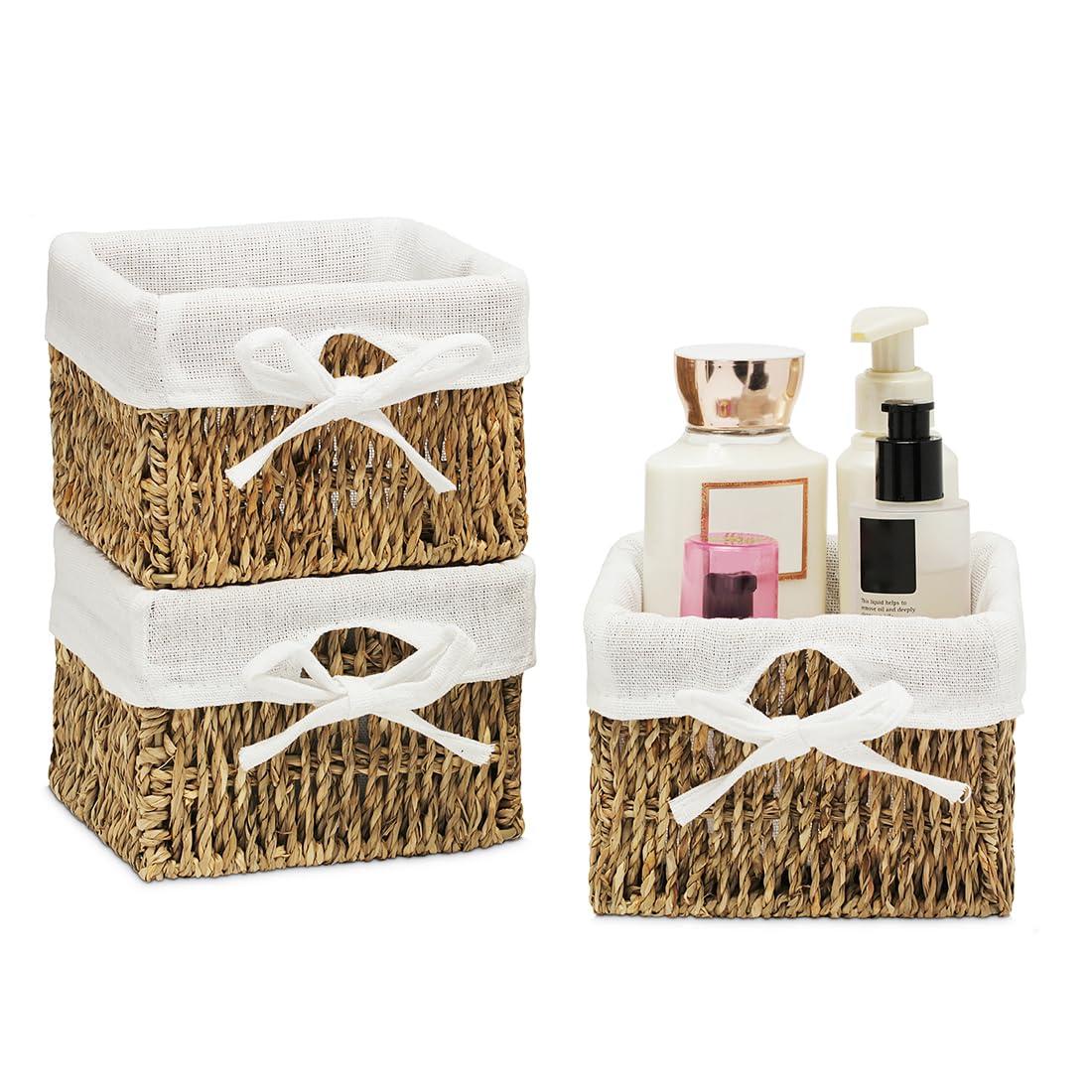 EZOWare Set of 6 Small Natural Woven Seagrass Wicker Storage Nesting Baskets Boxes with Liner for Kids Baby Cloth, Room Decor, Toy, Towels, Gift Basket - Brown (5.5 x 5.5 x 4")