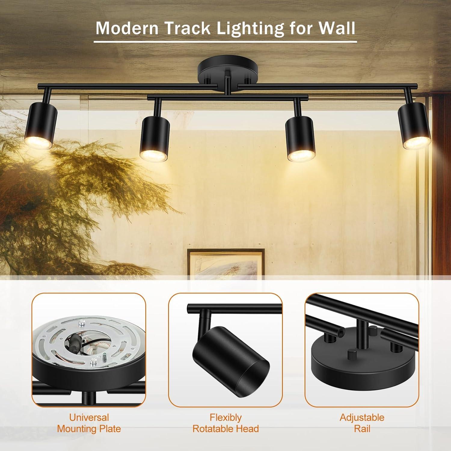 Track Lighting Fixtures, 4 Lights Ceiling Spotlight with Flexible Track Heads, Directional Lighting with GU10 Base for Kitchen, Hallway, Bedroom, Dining Room, Office (1 PC)