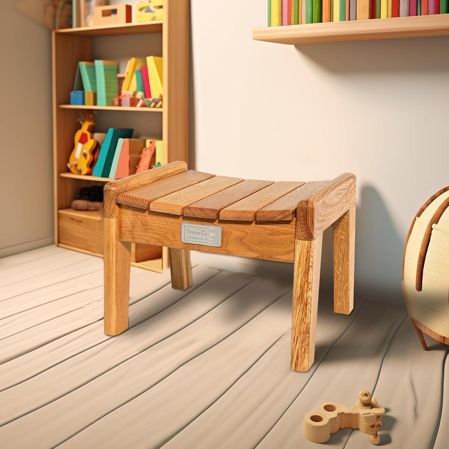 StoneCreek Creative Wood Stool, USA Grown Oak, Stylish Curved Seat Surface Rustic Crate-Inspired Design, Handcrafted Little Stool for Adult Kids, No Assembly Needed, Standard, Natural Oak