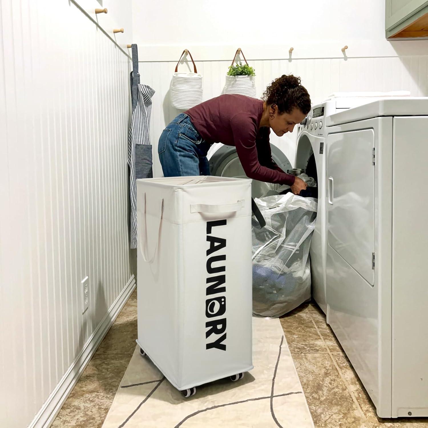 CHICVITA 2-Pack Laundry Baskets with Wheels and Handle,75L Collapsible Clothes Basket with Removable Wash Bags for Dorms and Corners, White Rolling Laundry Hamper