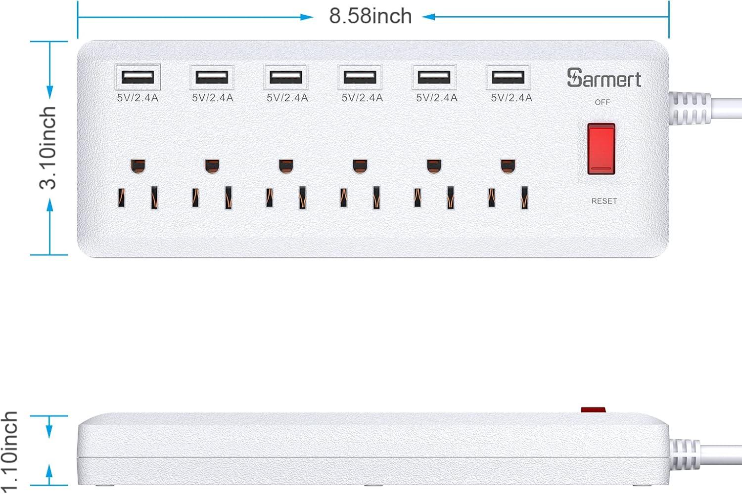 Black 6-Outlet Surge Protector with 4 USB Ports and 6ft Cord