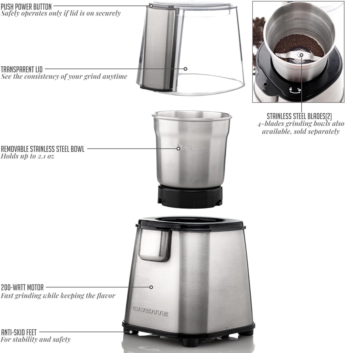 OVENTE Electric Coffee Grinder with 2 Blade Stainless Steel Grinding Bowl