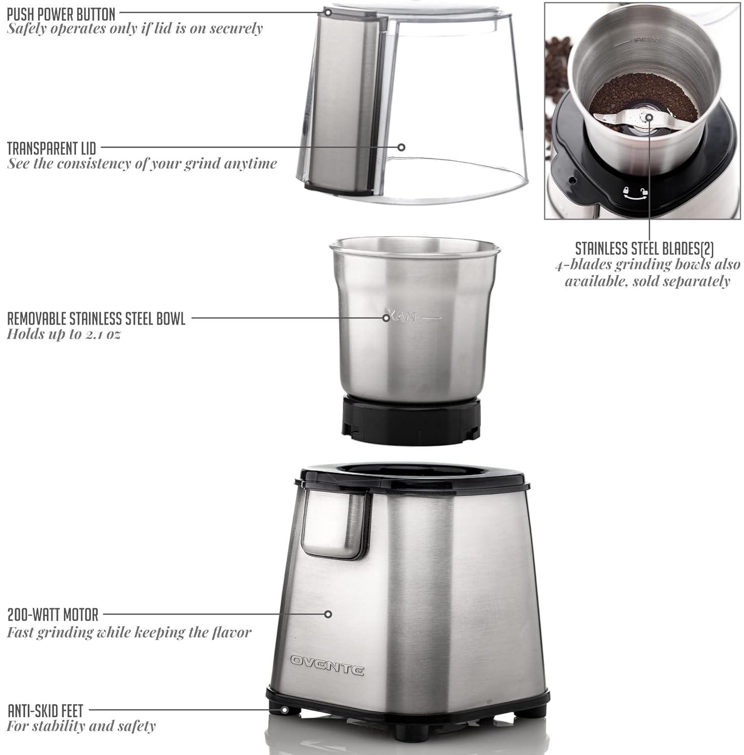 Ovente OVENTE Electric Coffee Grinder with 2 Blade Stainless Steel Grinding Bowl