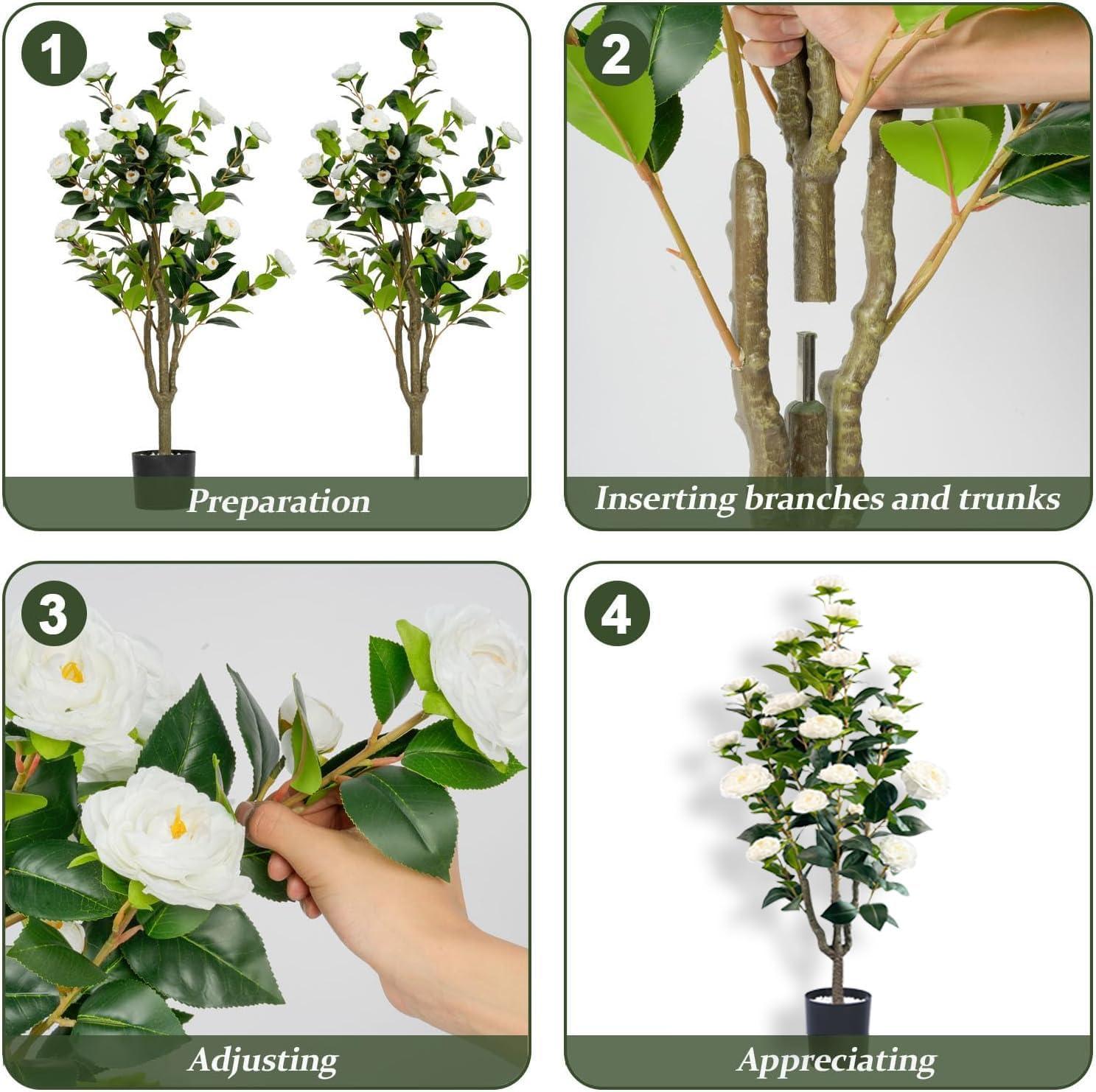 45" Artificial Camellia Tree 2 Pack Large Blooming Tree in Pot with White Flowers, 3.75ft Faux Floral Camellia Plants Fake Greenery Potted Tree for Indoor, Outdoor, Home,Office