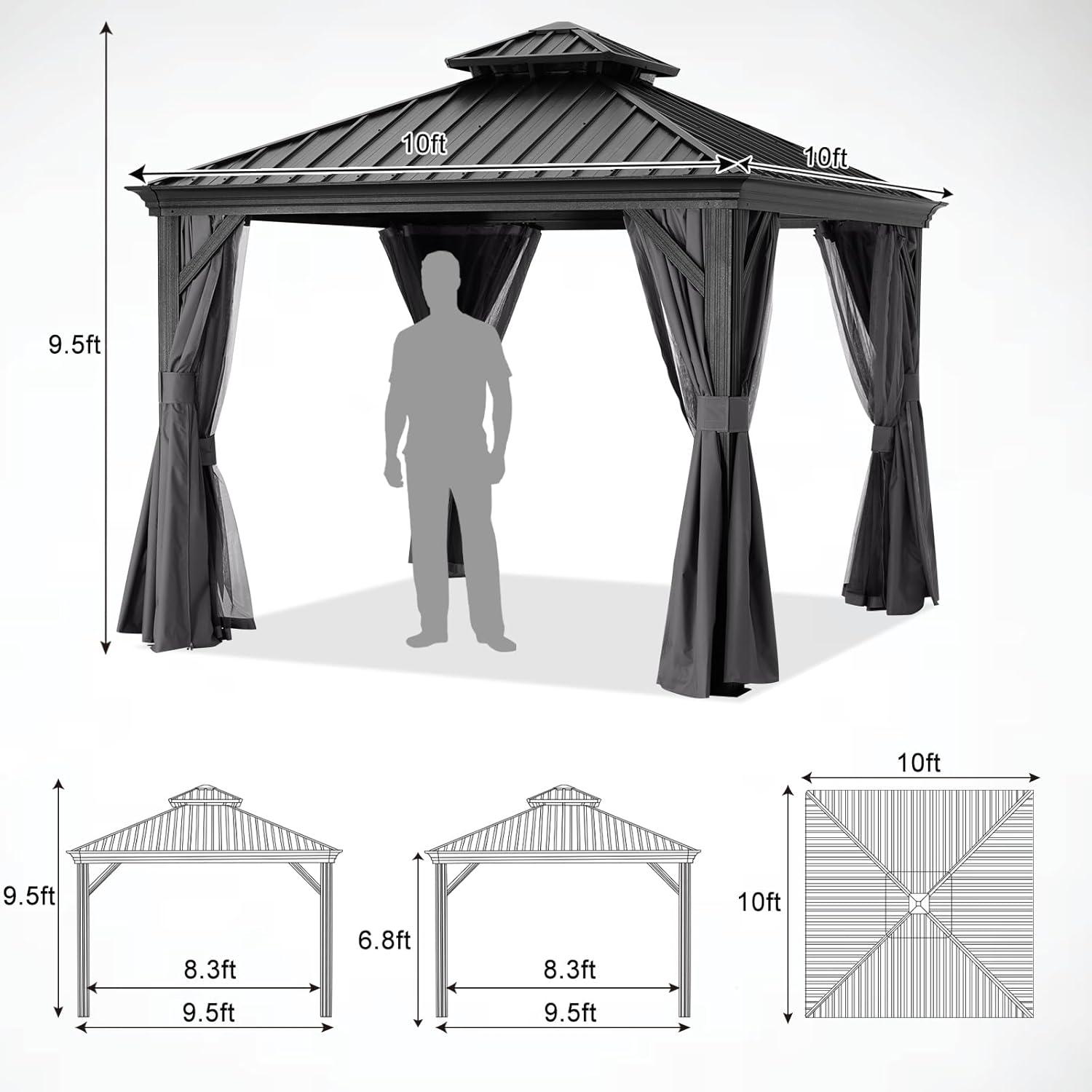 Gray 10x10 Double Roof Metal Gazebo with Netting and Curtains