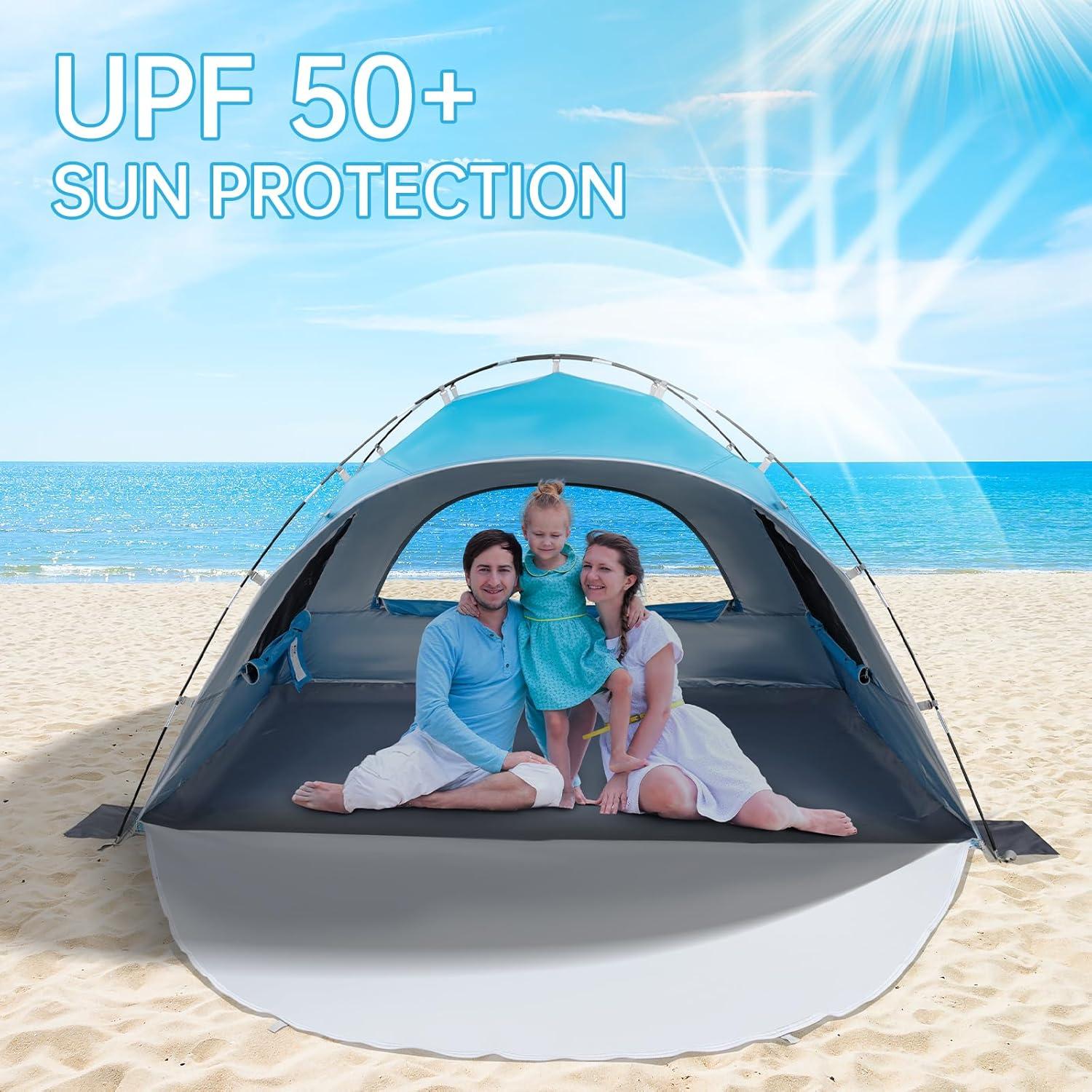 Blue 4-Person Summer Portable Beach Tent with UV Protection