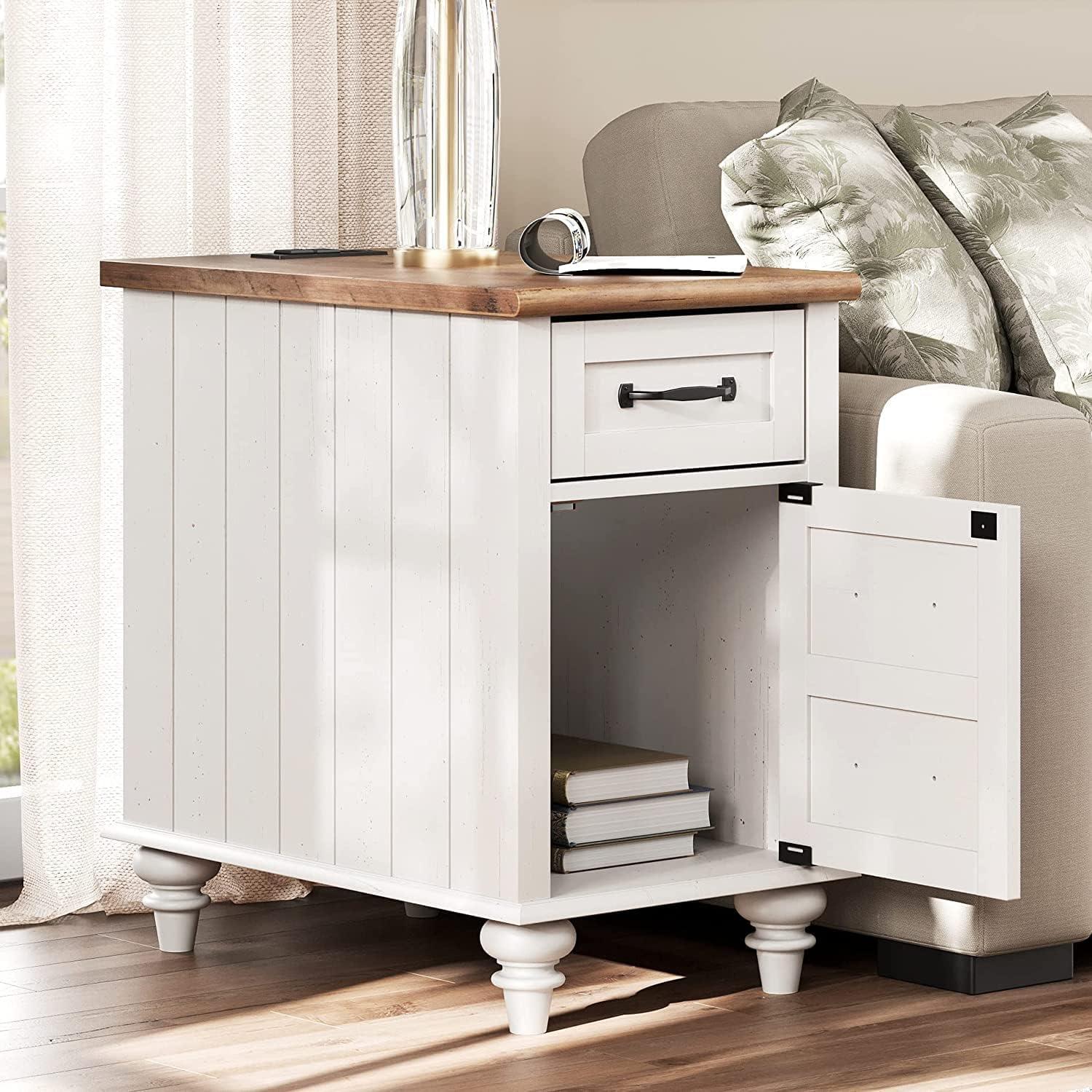 White and Oak Wood End Table with Charging Station and Storage