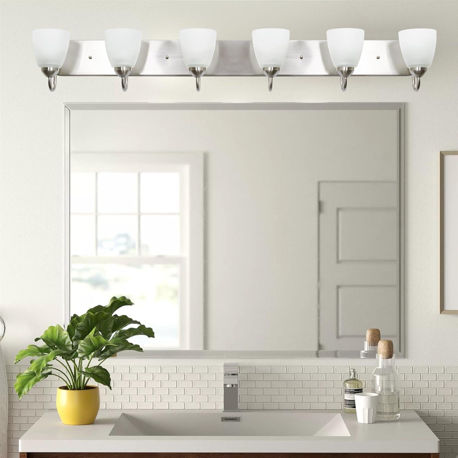 Kira Home Armada 37" 5-Light Over Mirror / Bathroom Light, Frosted Glass Shades, Curved Arms, Brushed Nickel