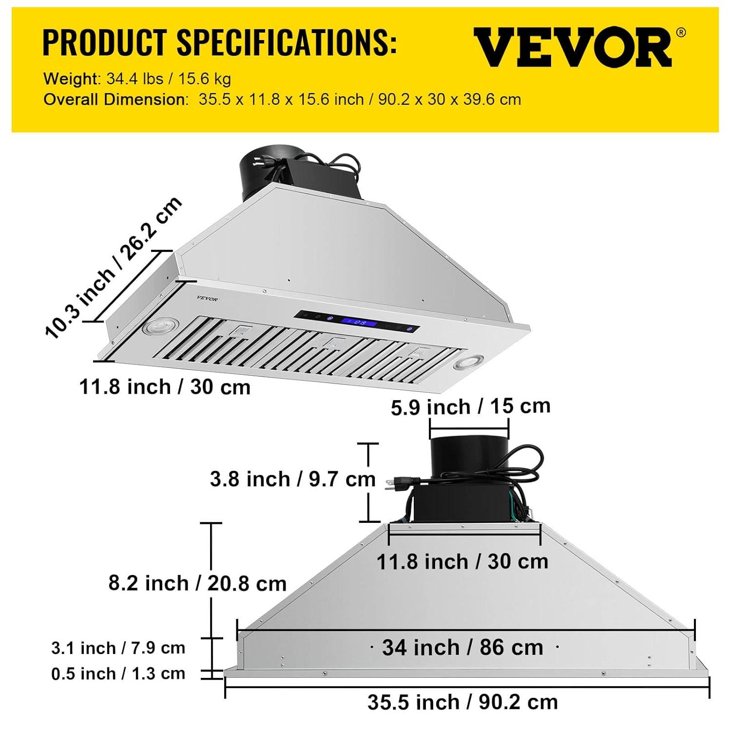 VEVOR 36" 900 CFM 4 Speed Ducted Insert Range Hood with Charcoal Filter and Light