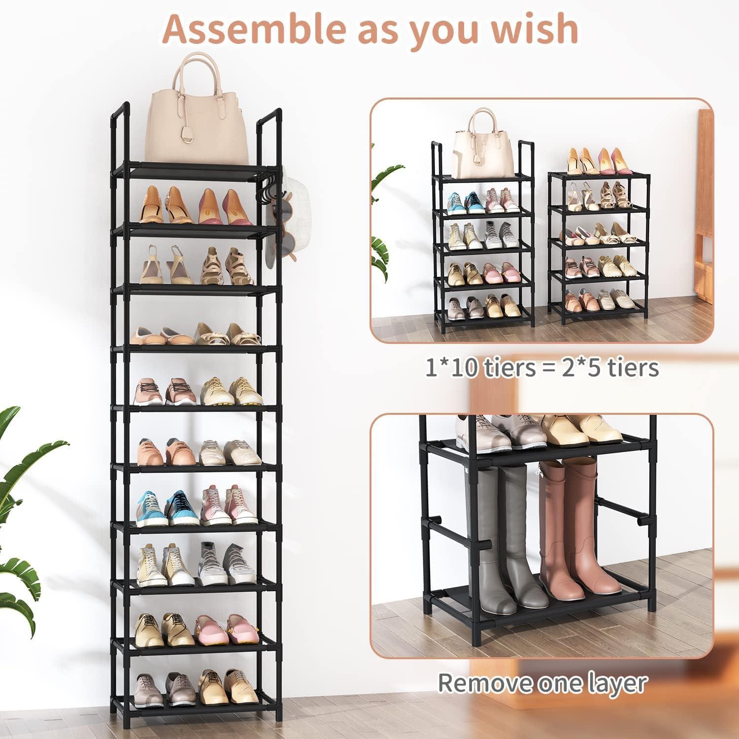 Shoe Rack Organizer, 10 Tier Tall Shoe Rack for Closet Entryway - Holds 20-25 Pairs with Hooks