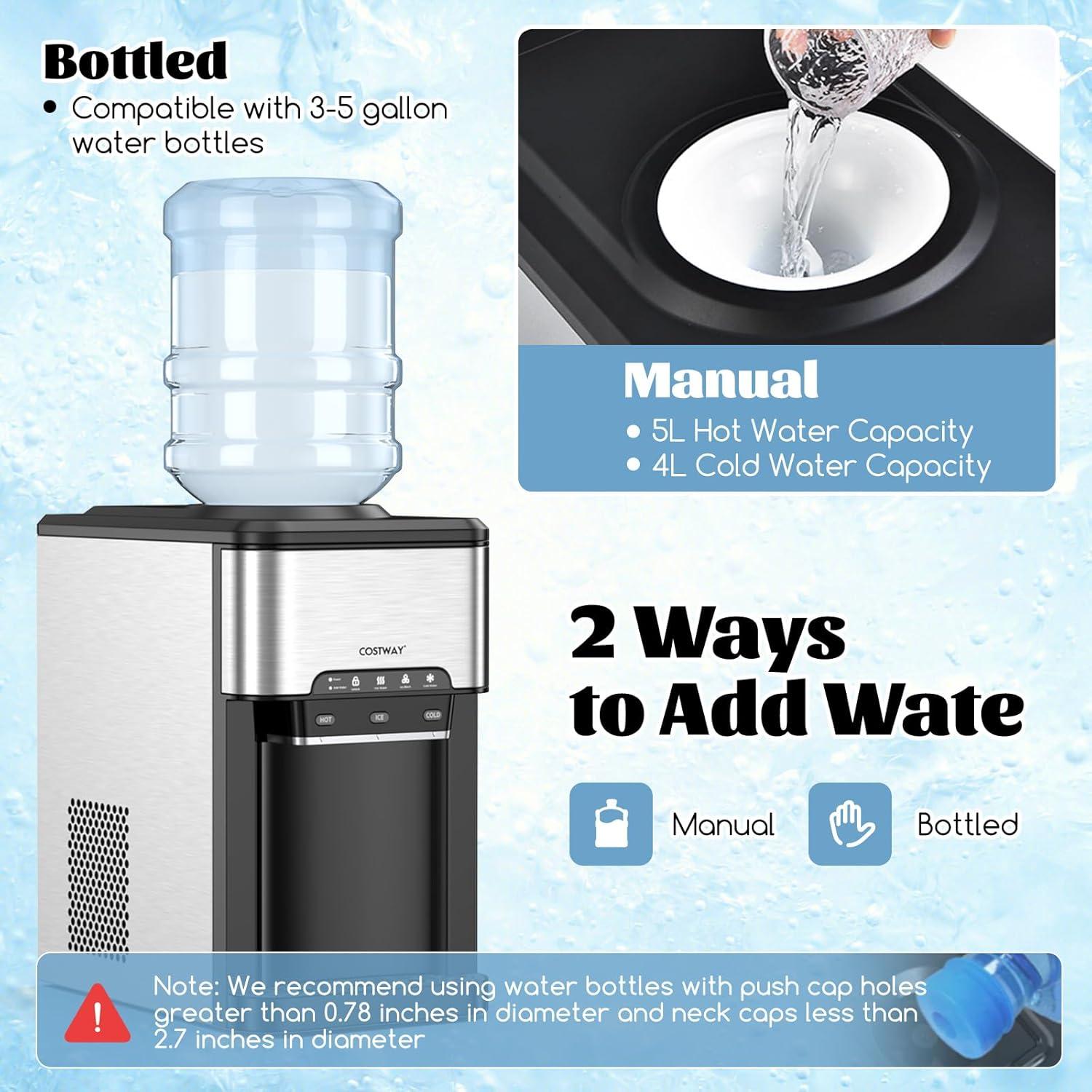 Kepooman Water Cooler Dispenser 3-in-1 with Built-in Ice Maker and 3 Temperature Settings-Silver