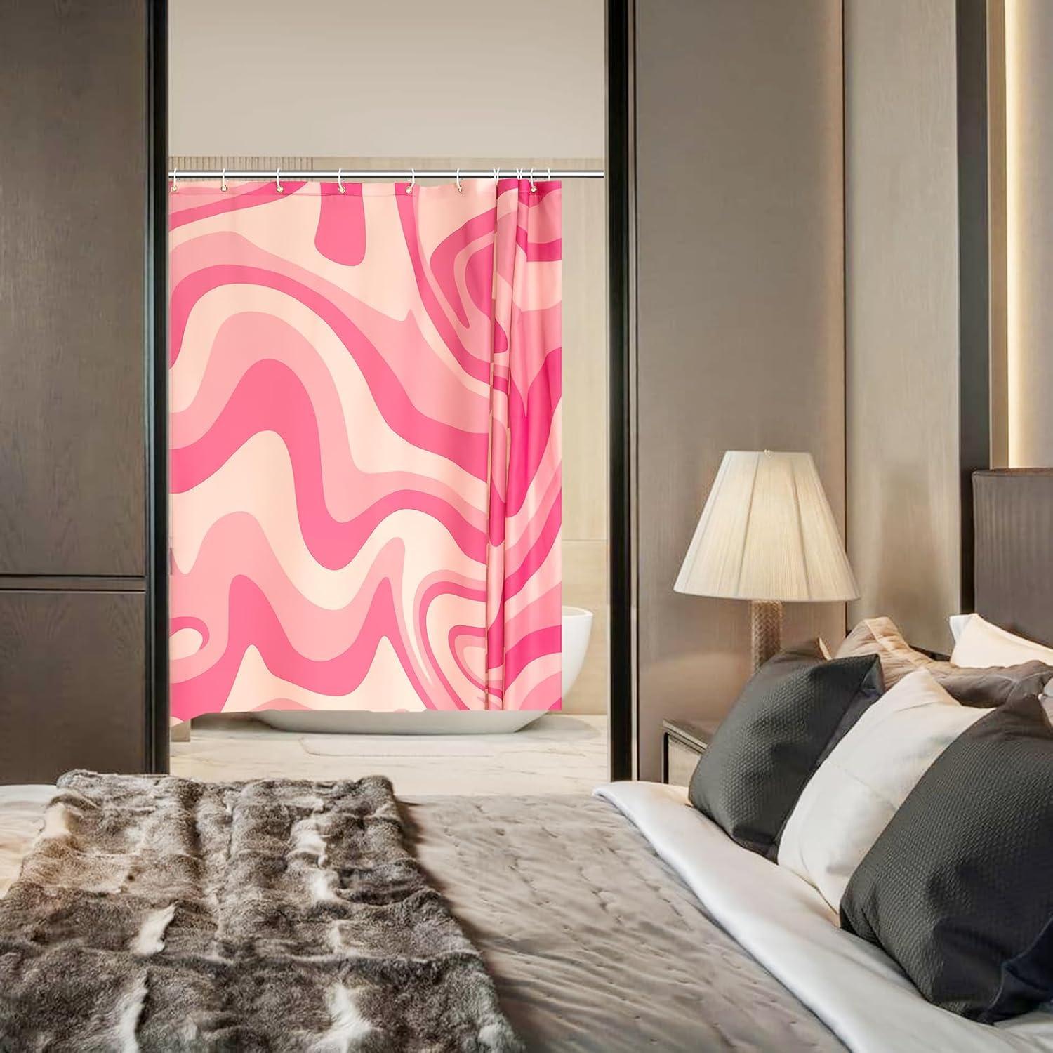 BSHAPPLUS Pink Shower Curtain with 12 Hooks,Boho Shower Curtain Waterproof Bathroom Shower Curtains for Home Hotel Decor Bathroom Curtains 71x71 Inch