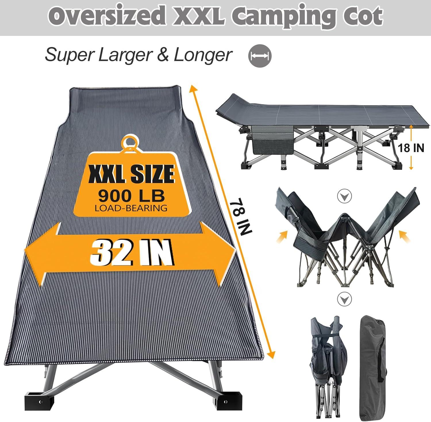 ABORON Oversized XXL Folding Camping Cot W/Mat for Adults, 78" L x 32" W x 18" H Heavy Duty Outdoor Bed with Carry Bag,1200 D Layer Oxford Travel Camp Cots