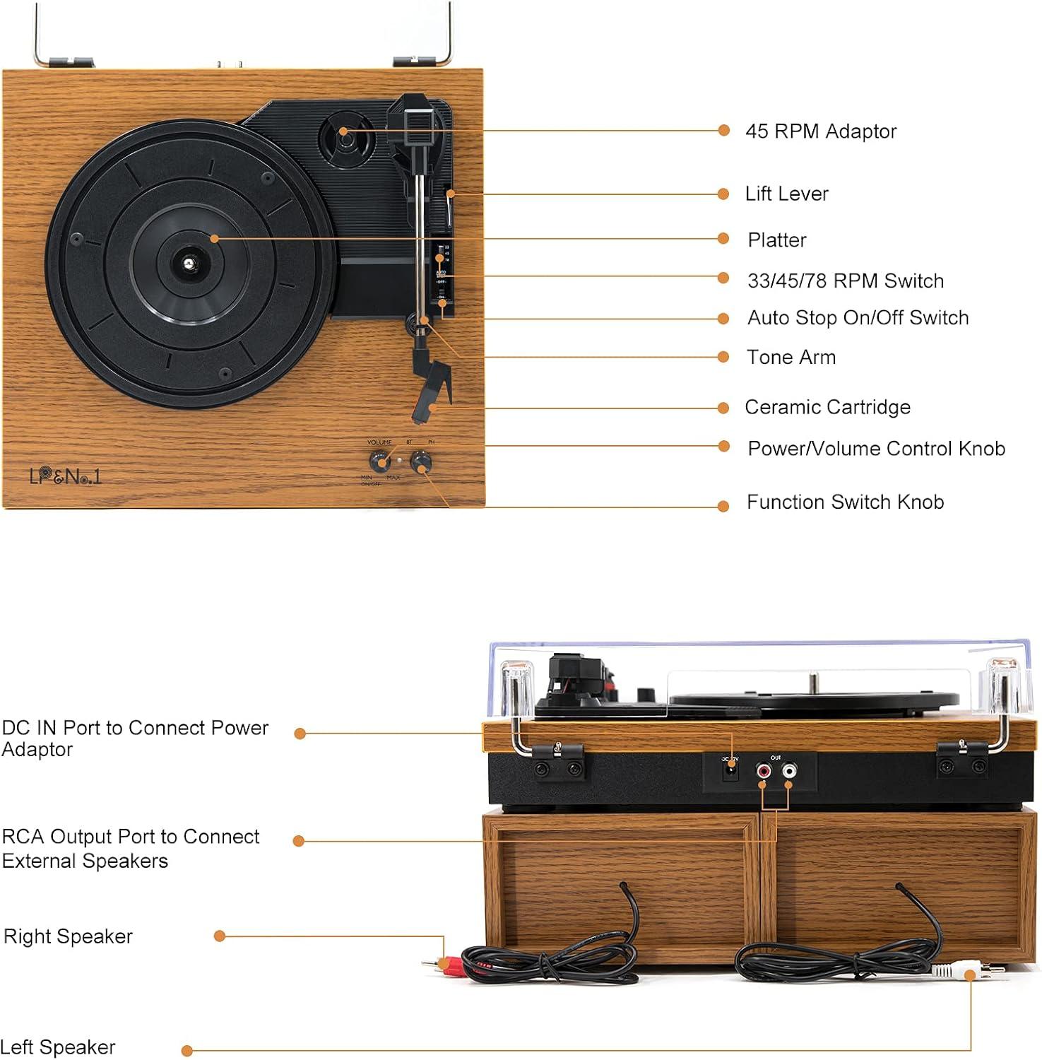 Vintage Brown Wood 3-Speed Belt-Drive Turntable with Speakers