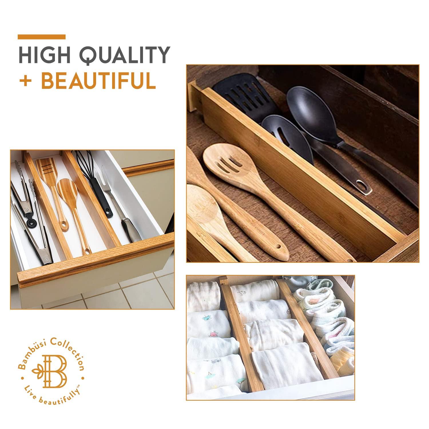 Drawer Dividers 4 Pack - Adjustable Bamboo Organizers 12.2" to 17.3", 2.6" Tall Expandable Separators for Kitchen, Dresser, Bedroom, Office or Bathroom Drawers