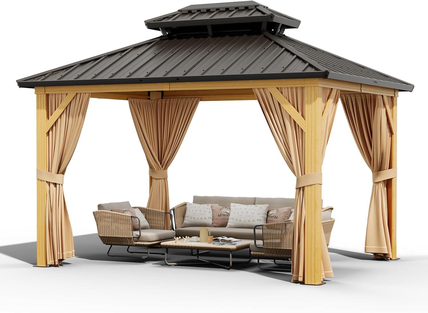 10x12 Brown Aluminum and Steel Hardtop Gazebo with Curtains