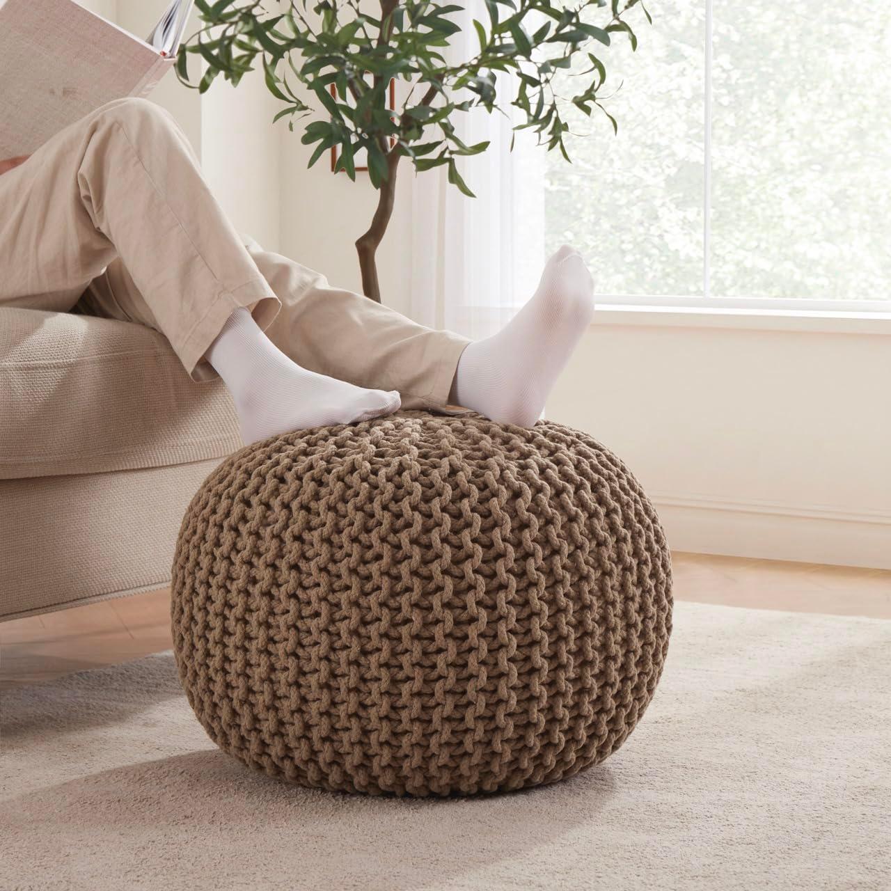 Ornavo Home Cotton Classic Braid Pouf Ottoman - 15" x 18.5" - White
