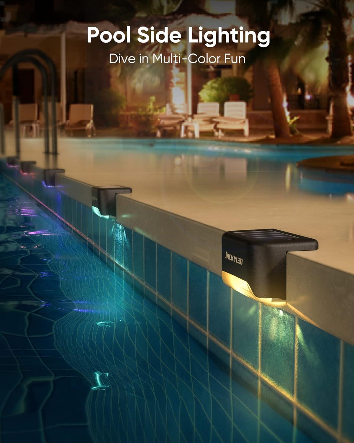 JACKYLED 16 Pack Deck Lights Solar Powered Color Changing, Outdoor Solar Fence Lights Waterproof LED Stair Lights for Patio Step Railing Wall Garden