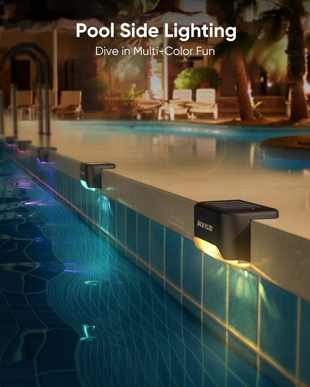 JACKYLED 16 Pack Deck Lights Solar Powered Color Changing, Outdoor Solar Fence Lights Waterproof LED Stair Lights for Patio Step Railing Wall Garden