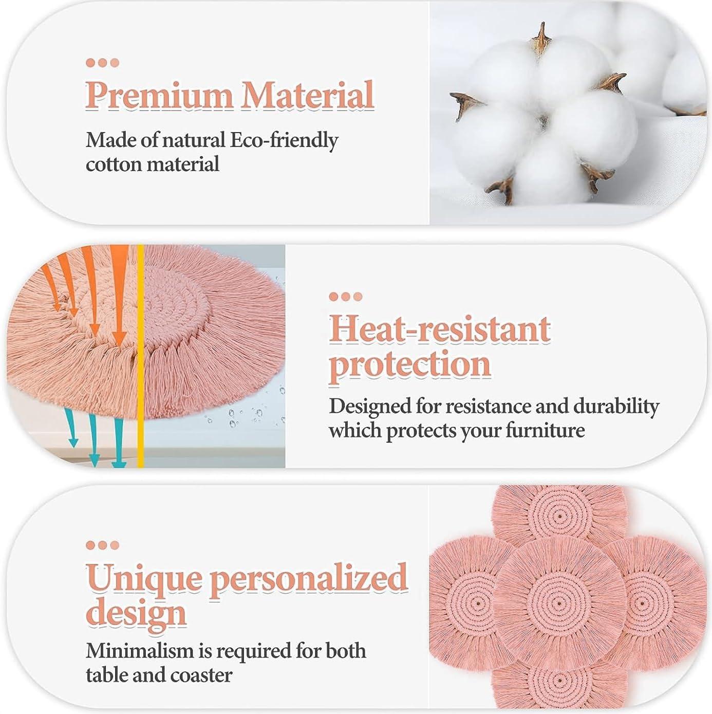 2 Posavasos Bohemios de Macramé para Bebidas, Posavasos Absorbentes con Borla, Posavasos Redondos de Algodón Hechos a Mano de 7 Pulgadas para Mesa de Escritorio, Cocina, Oficina, Hogar, Bar, Protección de Mesa, Regalo de Inauguración de la Casa, Rosa