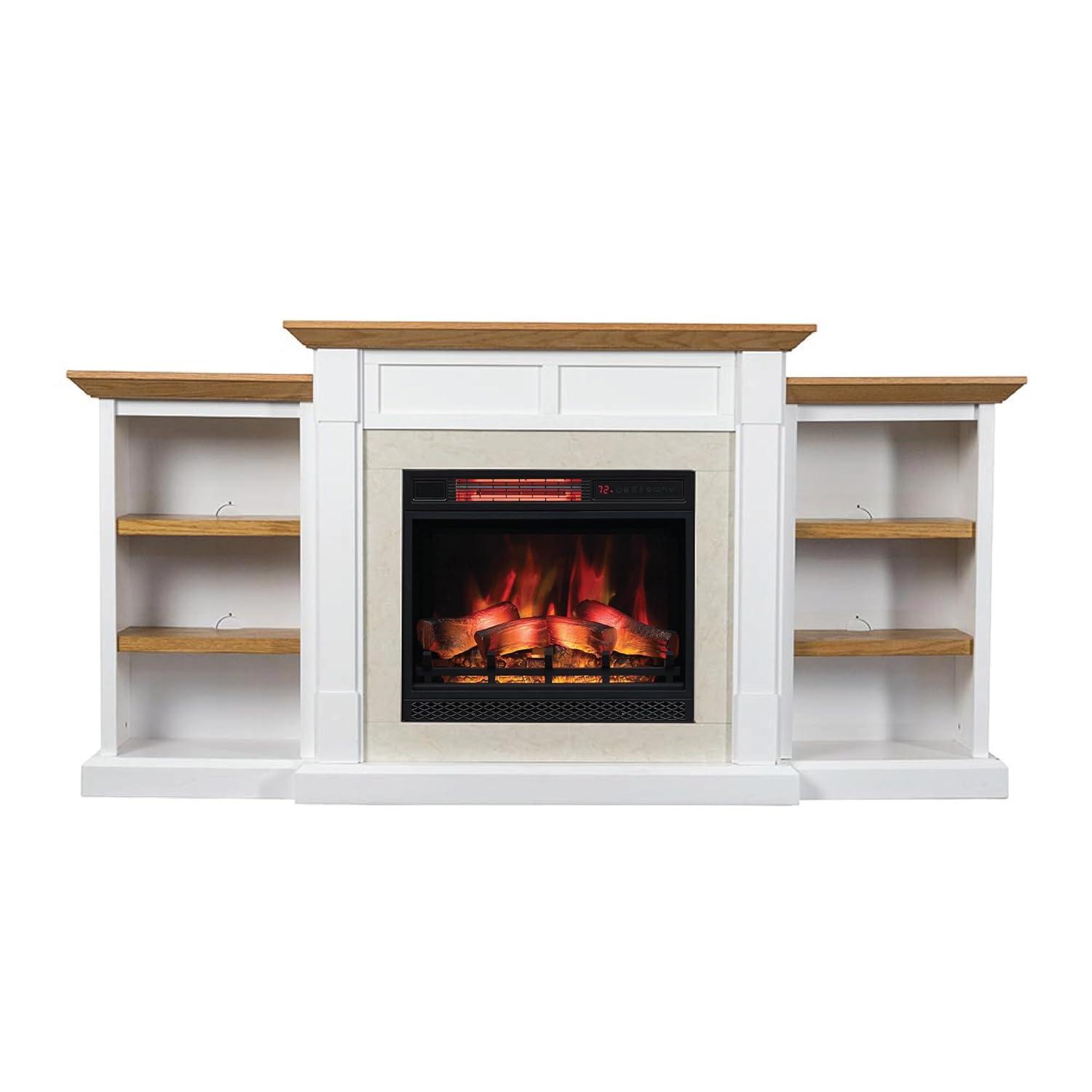 Country Living Belhaven 74 Inch Bookcase Mantel Package | 23 Inch Smart Electric Fireplace Insert Heater