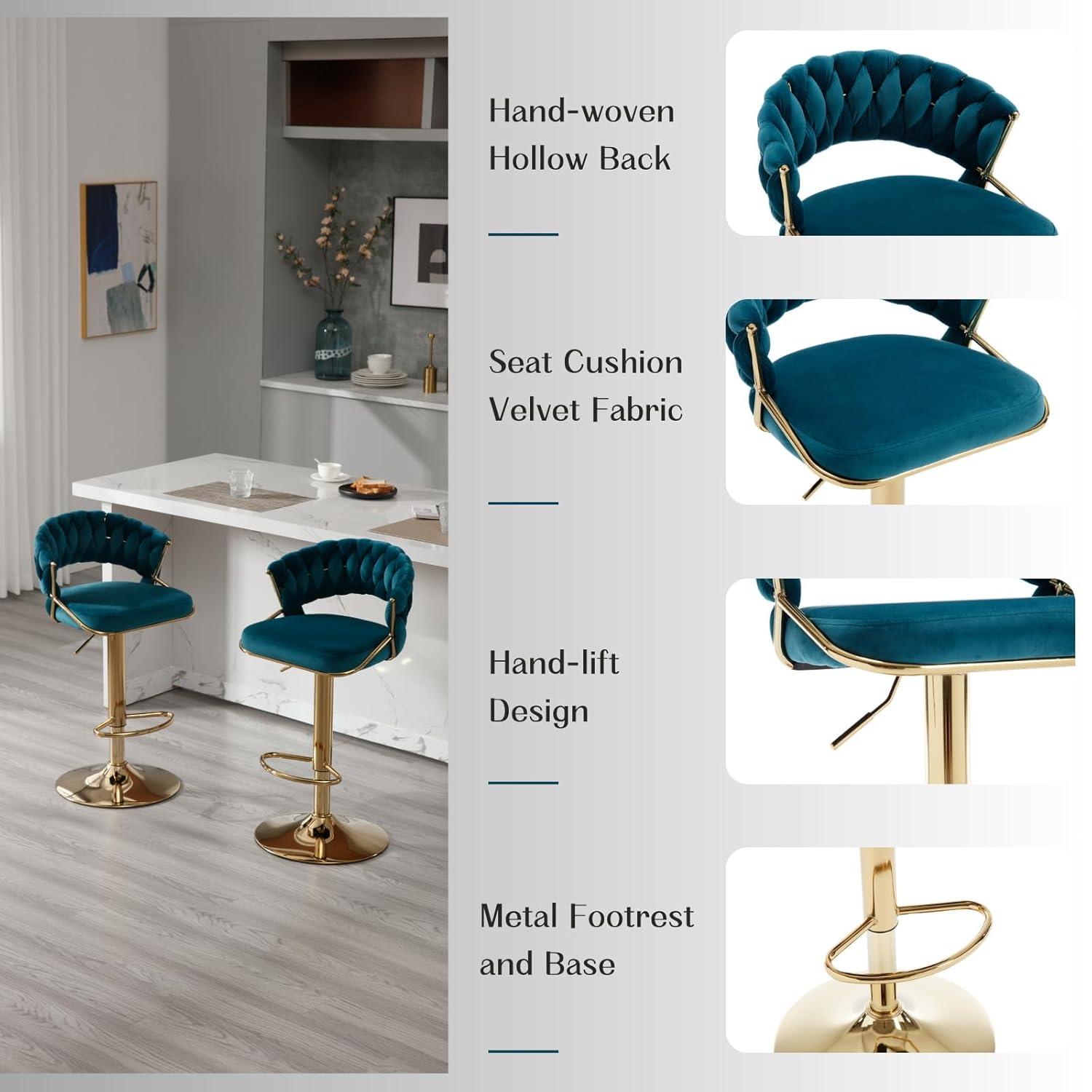 Modern Velvet Adjustable Swivel Bar Stools Set of 2 Orange