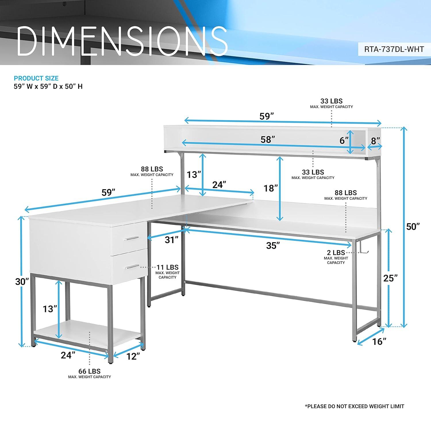 L Shape Desk with Hutch and Storage White - Techni Mobili: Industrial Style, Engineered Wood, Steel Frame, Ample Workspace