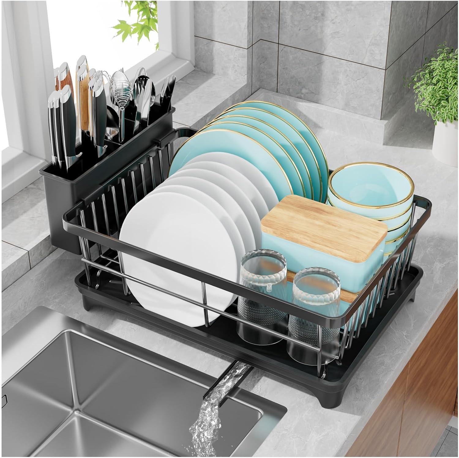 iSPECLE Dish Drying Rack with Drainboard - Dish Racks for Kitchen Counter, Rust-Resistant Compact Dish Drainer with Utensil Holder, Drain Spout and High Feet on Drip Tray, Black