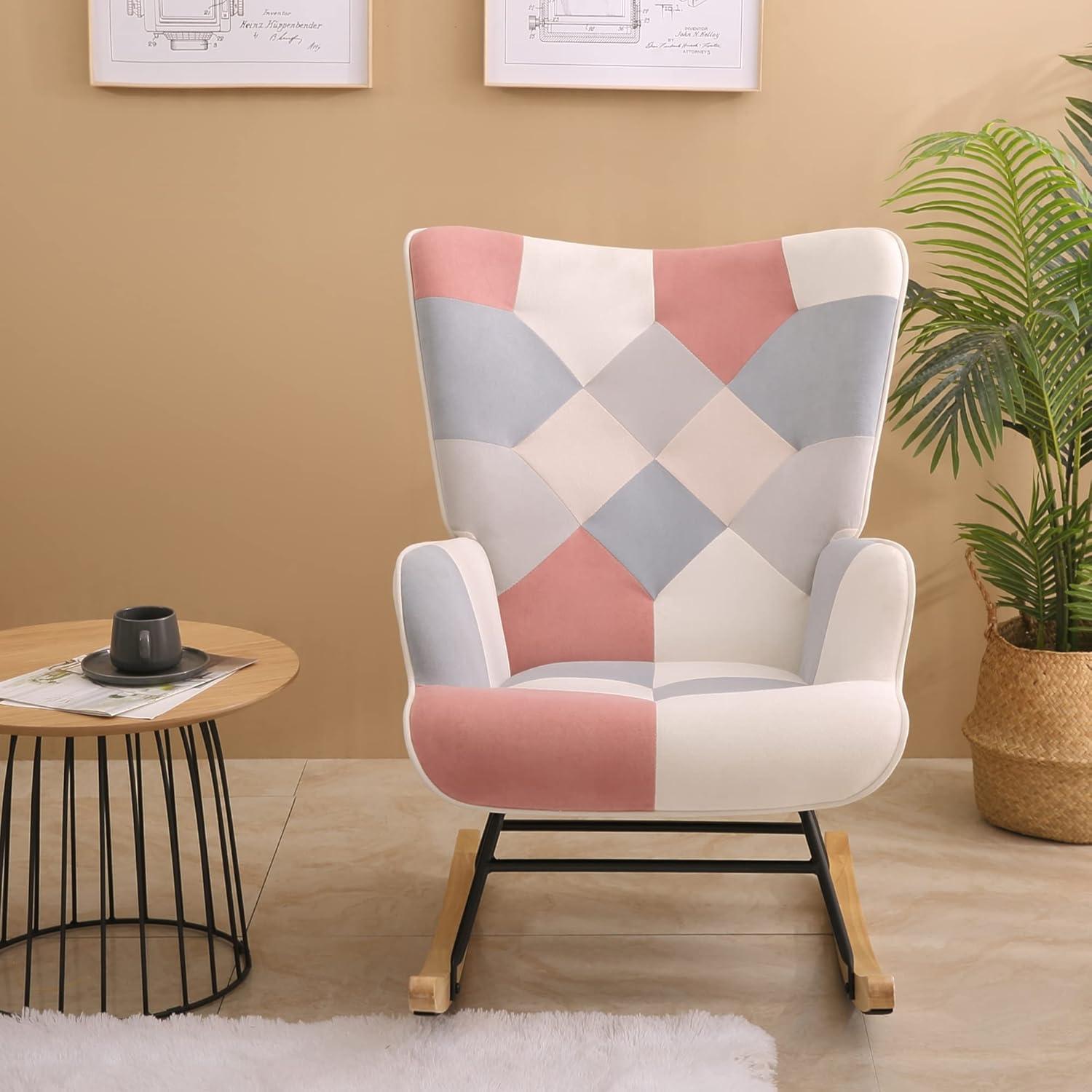 Accent Rocking Chair, Mid Century Fabric Rocker Recliner Chairs with Wood Legs and Patchwork Linen for Livingroom Bedroom, Pink