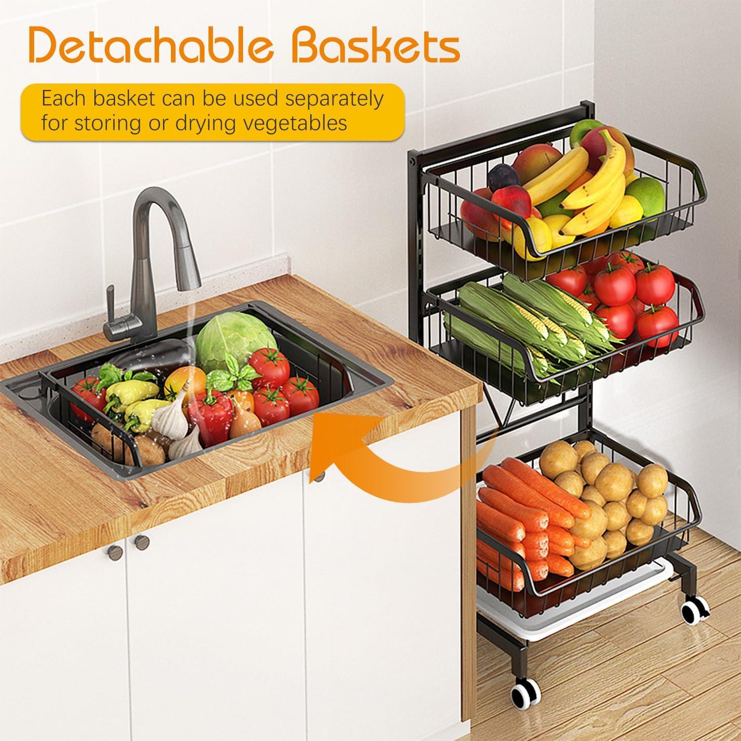 Sensch 4 Tier Fruit Basket Kitchen Organizers and Storage-Wooden Top Table, Rolling Utility Storage Cart, Black