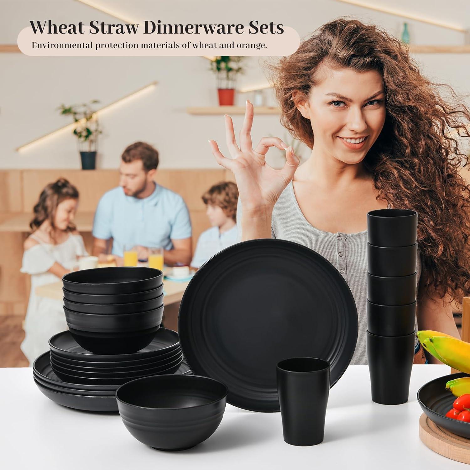 32 Pcs Wheat Straw Dinnerware Sets,Plastic Plates and Bowls Sets for 8,Unbreakable Dinnerware Set,Reusable Lightweight Black Dish Set for Kitchen,Camping,Party,RV,Dishwasher Microwave Safe