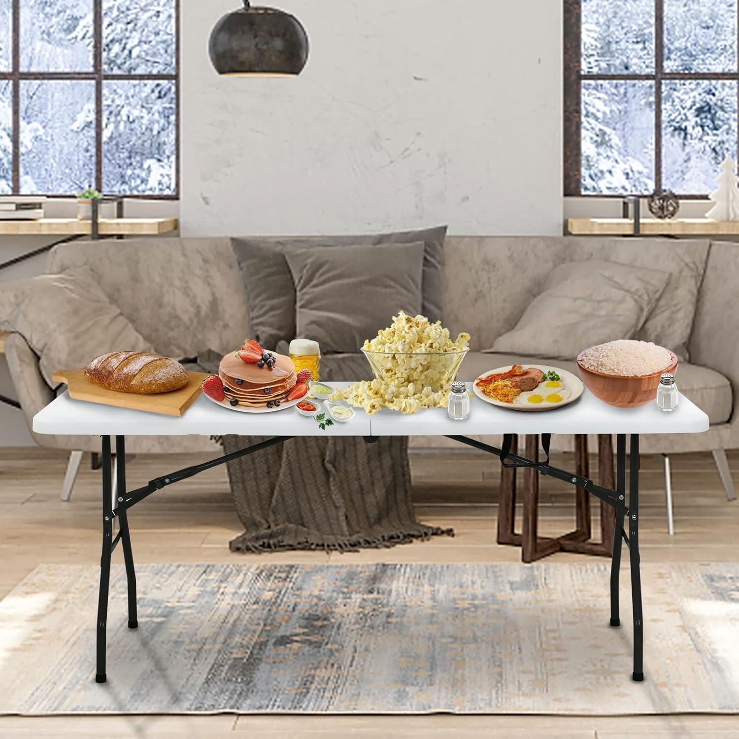 Plainsity Mesa Plegable de Plástico de 6 Pies - Mesa de Comedor Portátil, Plegable y Resistente para Fiestas, Bodas, BBQ, Camping, Eventos en el Patio Trasero - Mesa Utilitaria para Interiores/exteriores con Asa de Transporte Blanca