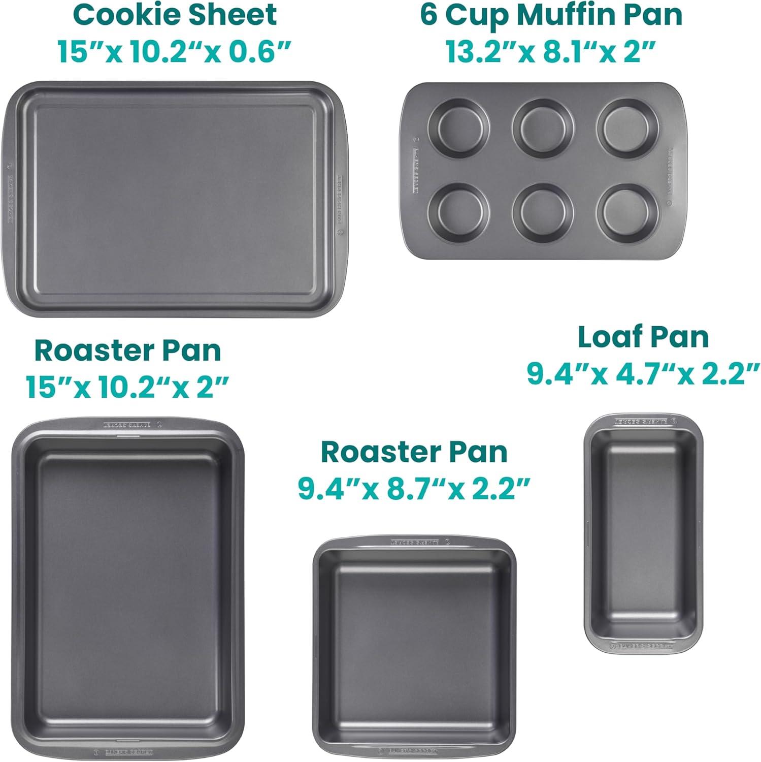 Bakers Secret 5-Piece Nonstick Carbon Steel Bakeware Set with Loaf Pan, Square Cake Pan, 6 Cup Muffin Pan, Roaster Pan, Cookie Sheet, Gray