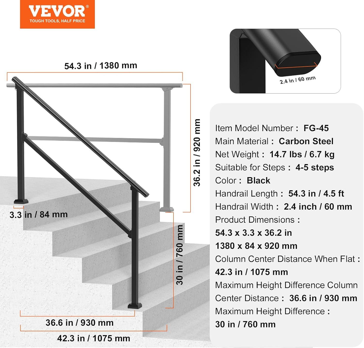 VEVOR 2-3 Handrails for Outdoor for Seniors Porch Deck Black Square Tube Steel