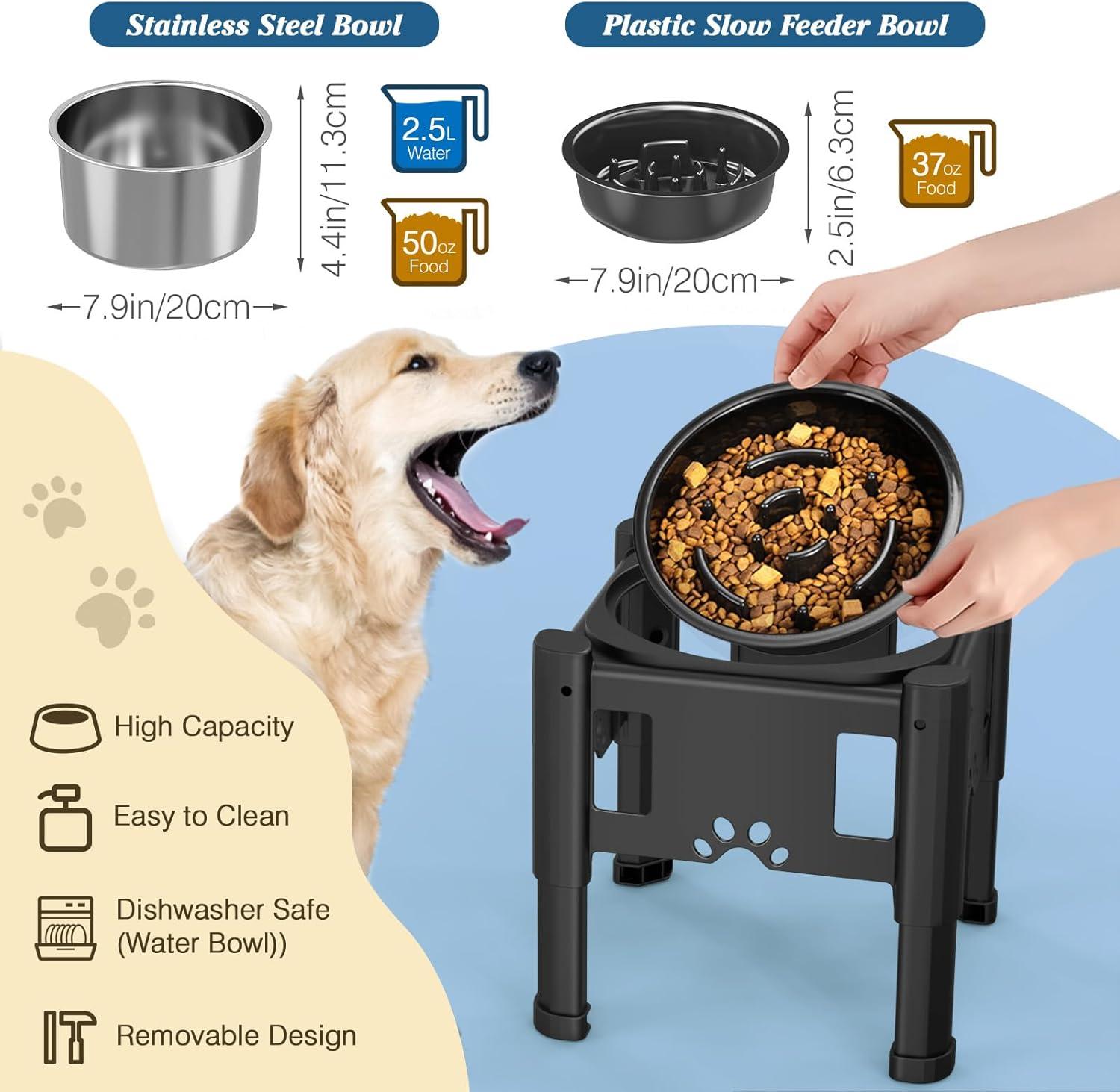 Adjustable Black Elevated Dog Water Bowl with Slow Feeder