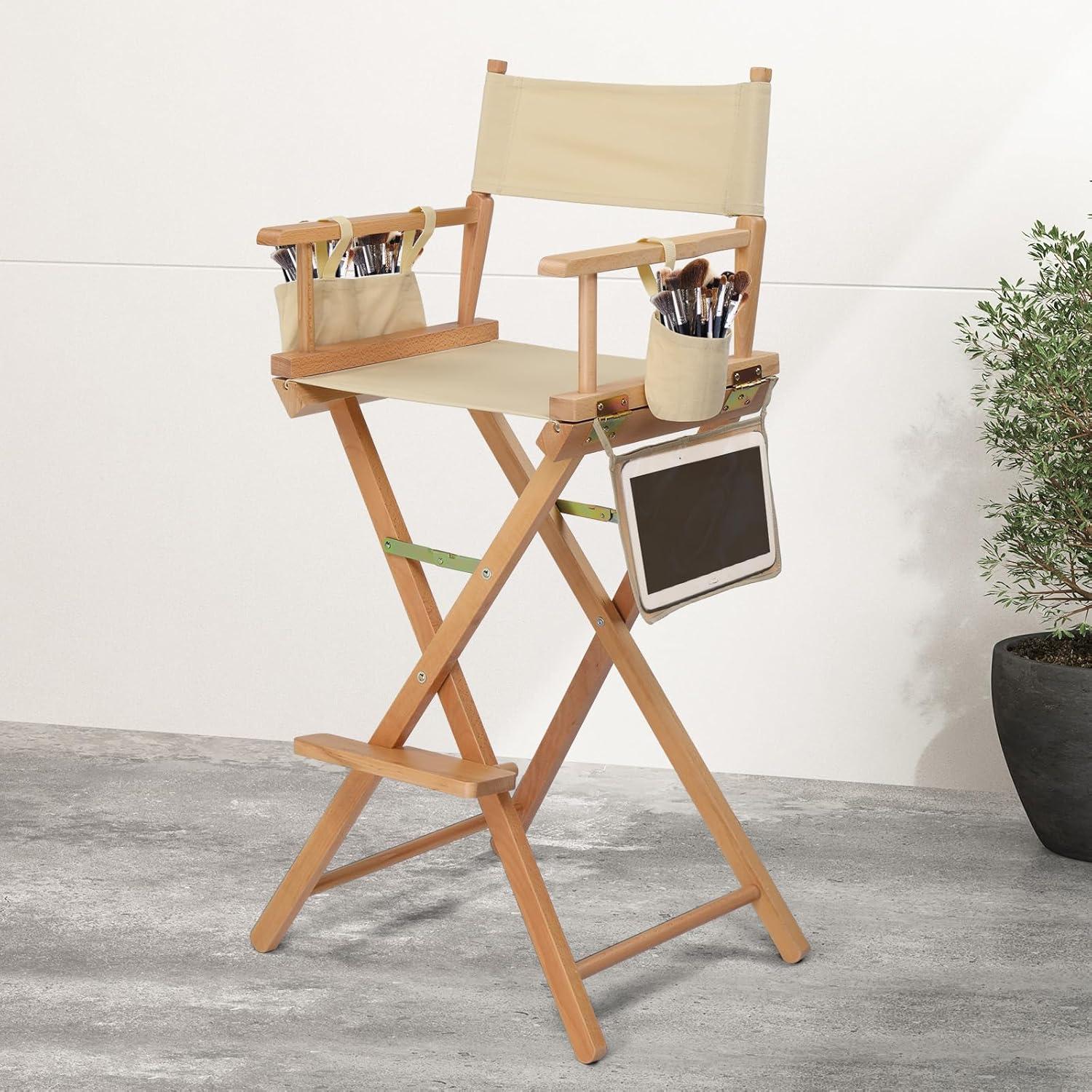 OmySalon Professional Folding Makeup Artist Chair - 31" Tall Heavy Duty Director Chair for Studio & On-The-Go Use | 250lbs Capacity, Apricot Canvas with Storage Bags, Footrest & Solid Hardwood Frame