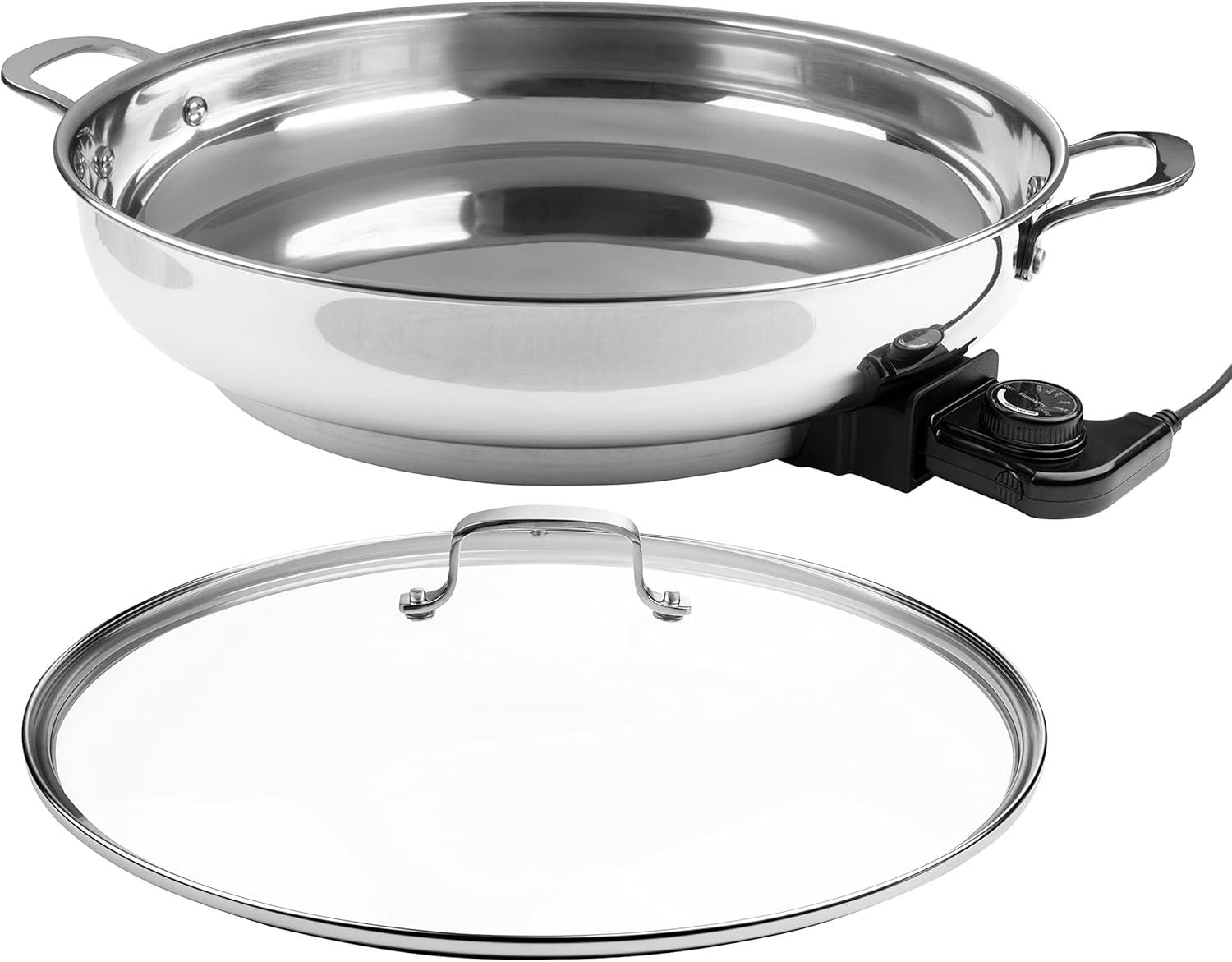 CucinaPro XL Electric 16" Skillet- 18/10 Stainless Steel Frying Pan w Lid and Handle, Round - Includes Recipe Guide- Great Gift for Cooks