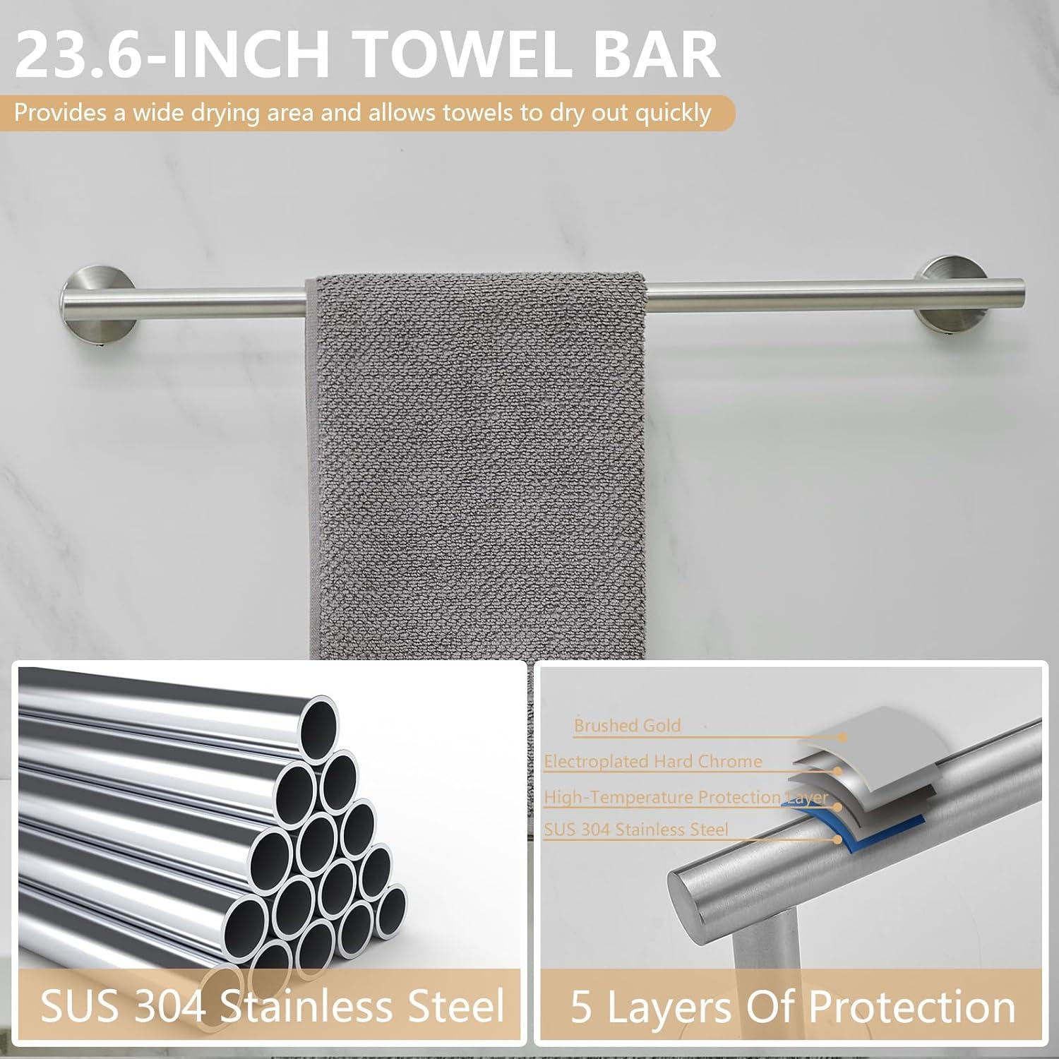 5-Piece Bathroom Hardware Set Matte Black Accessories Include 24-Inch Towel Bar, Towel Ring, Toilet Paper Holder and Robe Hooks Stainless Steel Wall Mounted Towel Hanger