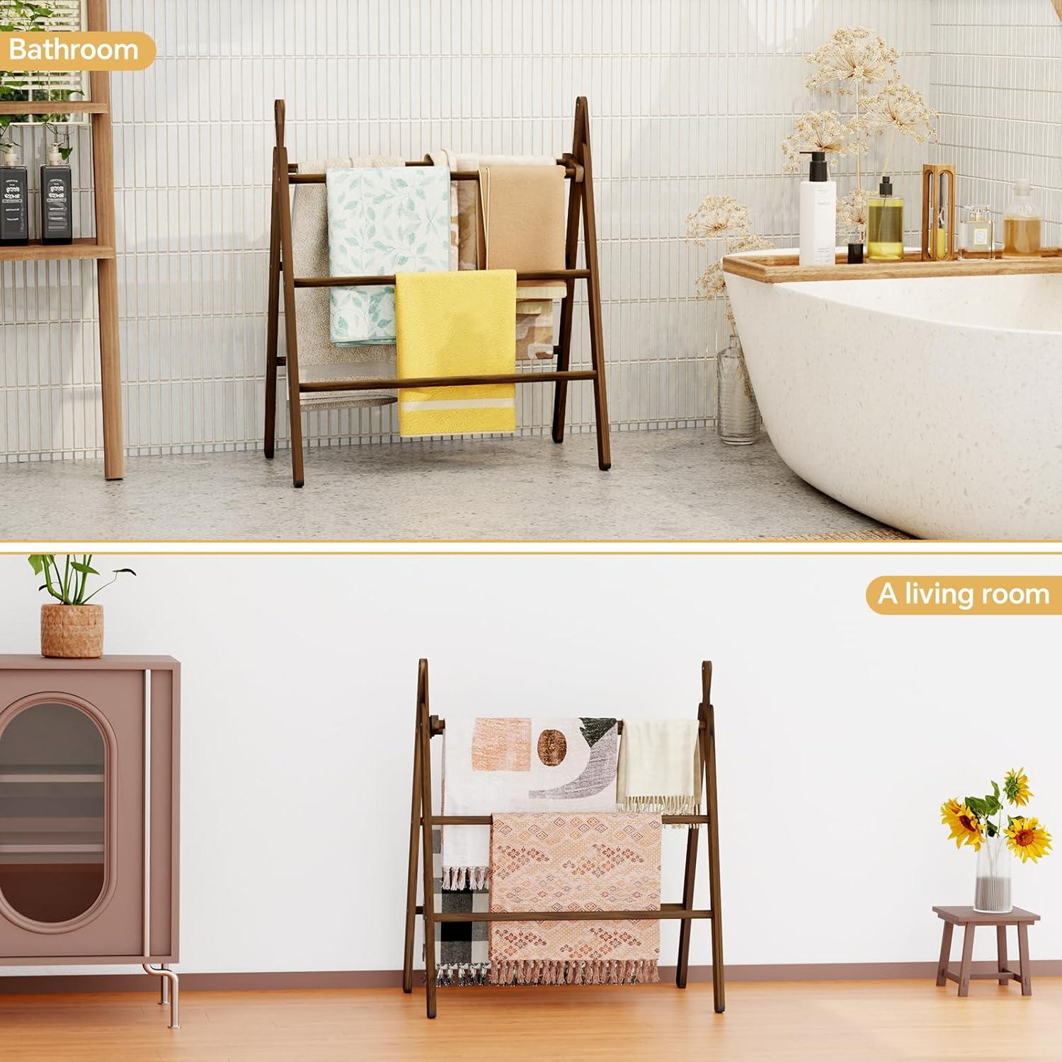 Red Barrel Studio® 6-Tier Wide Double Blanket Ladder Wood, Rustic Decorative Towel Rack For Big Blanket, Towel, Quilt, Clothes, Freestanding Blanket Holder Towel Ladder Decor Stand For Living Room, Bedroom