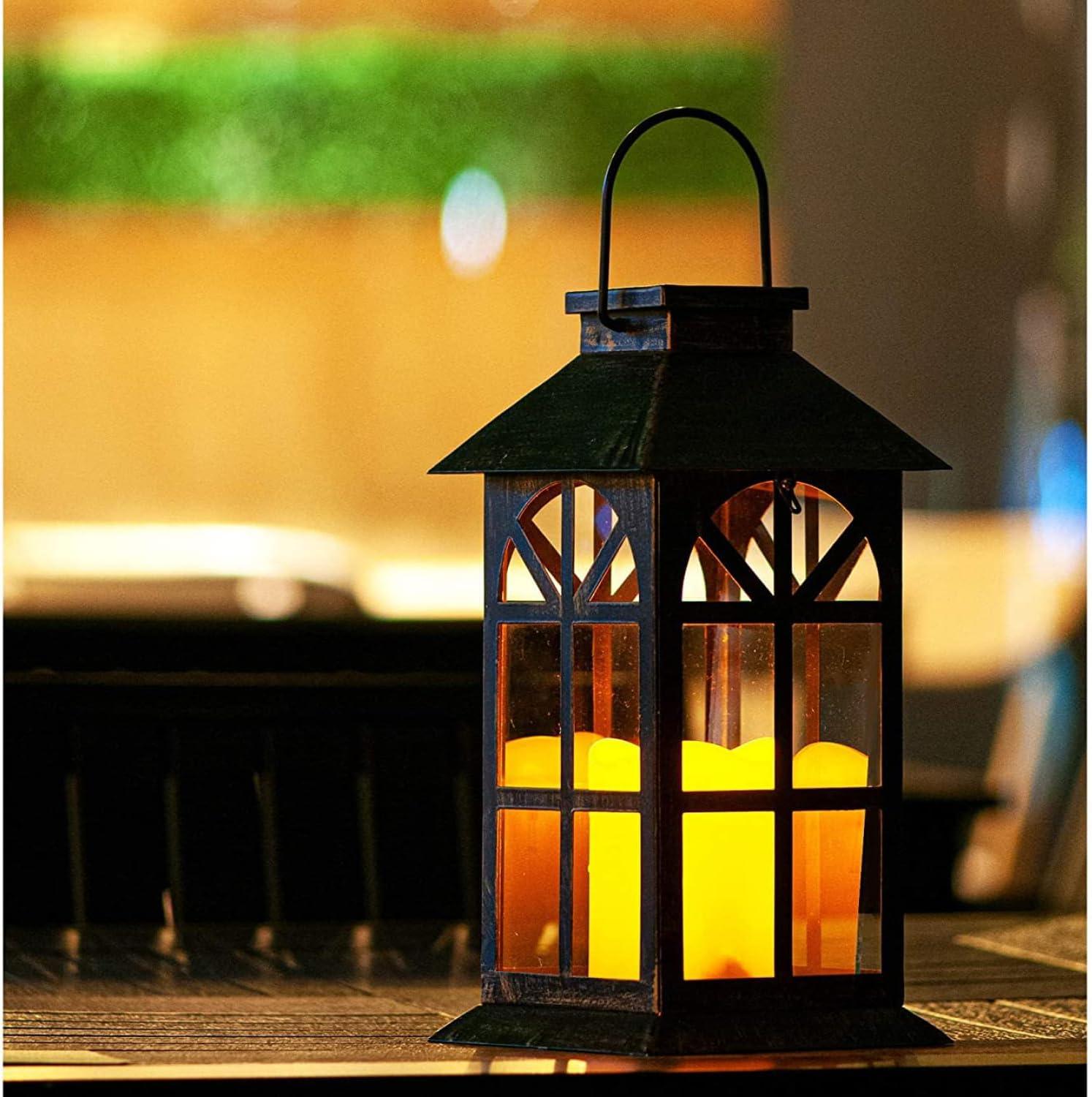 Bronze Antique Solar-Powered LED Lantern with Glass Panels