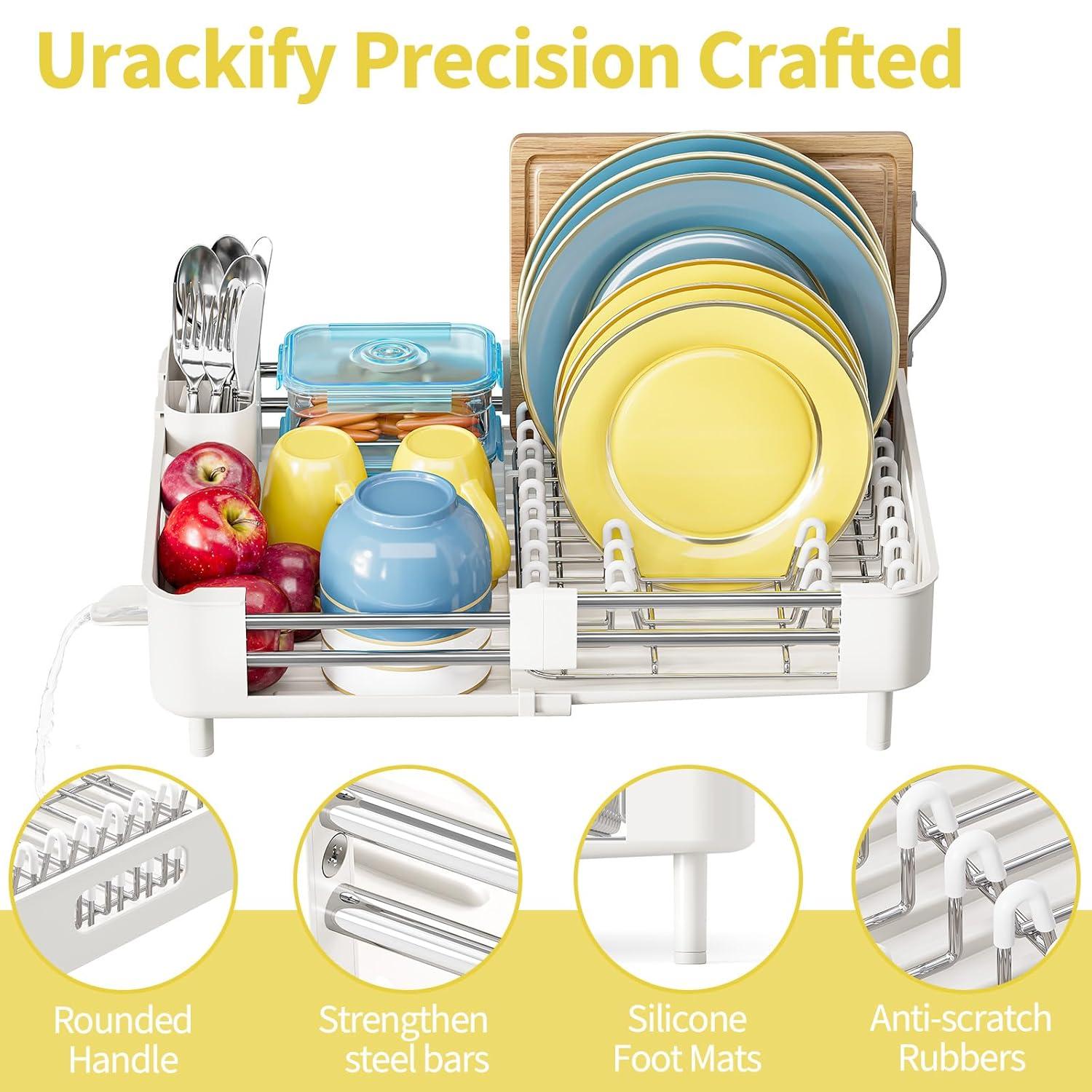 TOOLF Extendable Dish Rack, Dual Part Dish Drainers with Non-Scratch and Movable Cutlery Drainer and Drainage Spout, Adjustable Dish Drying Rack for Kitchen, 1 Piece White