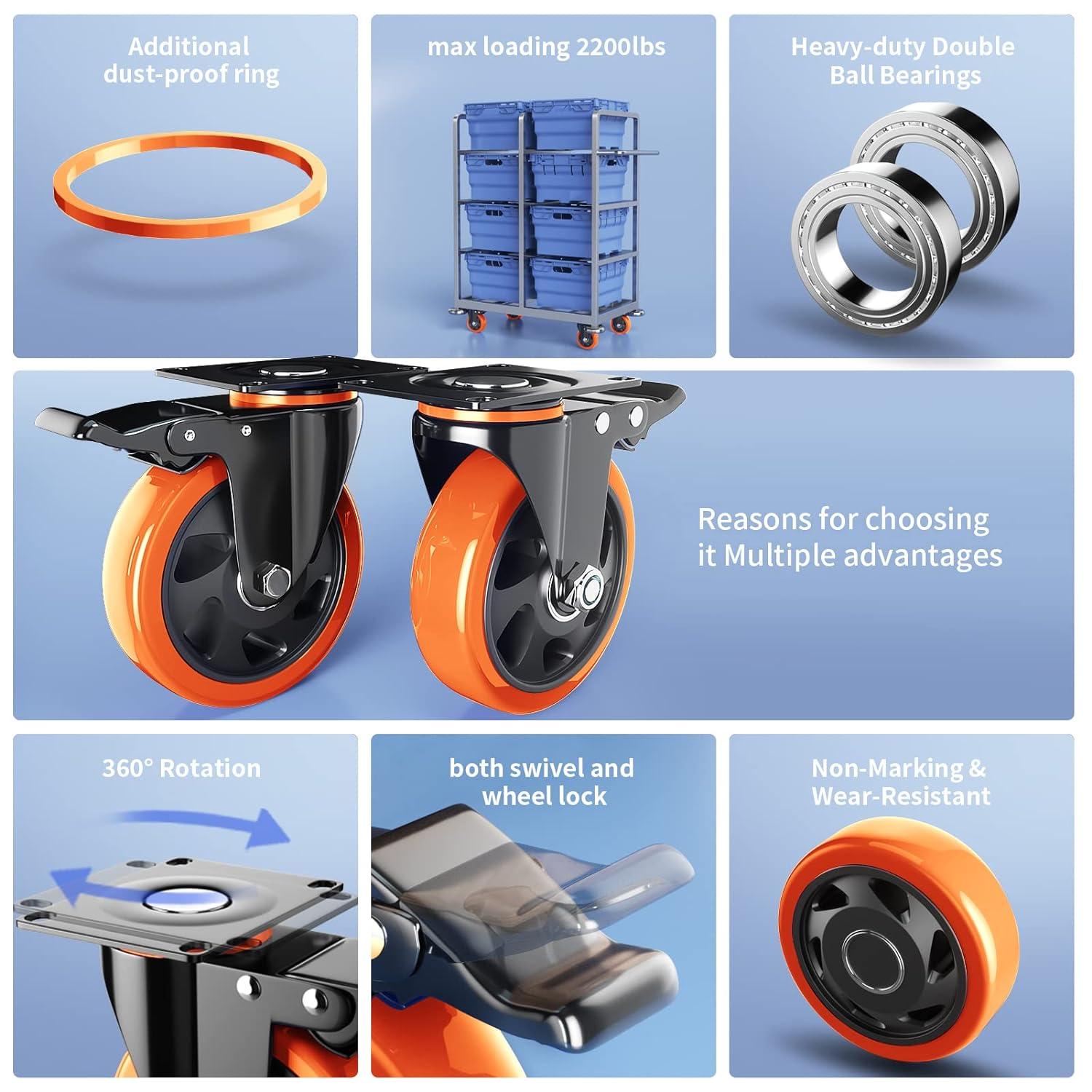 KFFKFF 4 Pack 5" Caster Wheels Swivel Plate Casters Heavy Duty with Locking Brake