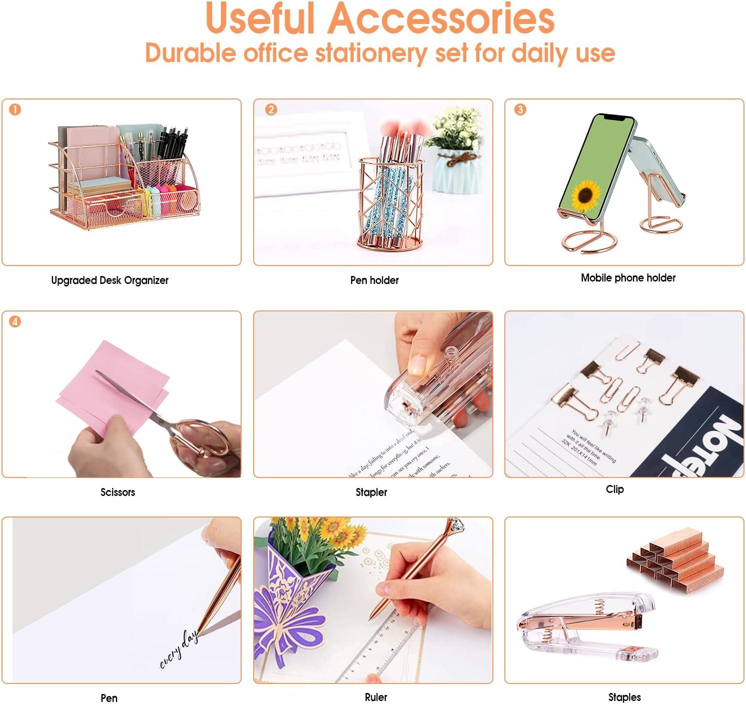 KISPATTI Desk Organizers and Accessories, Rose Gold Office Supplies with Mesh Desk Organizer, Acrylic Stapler, Staples, Ballpoint Pen, Clips Set, Pen Holder, Ruler, Scissor, Phone Holder