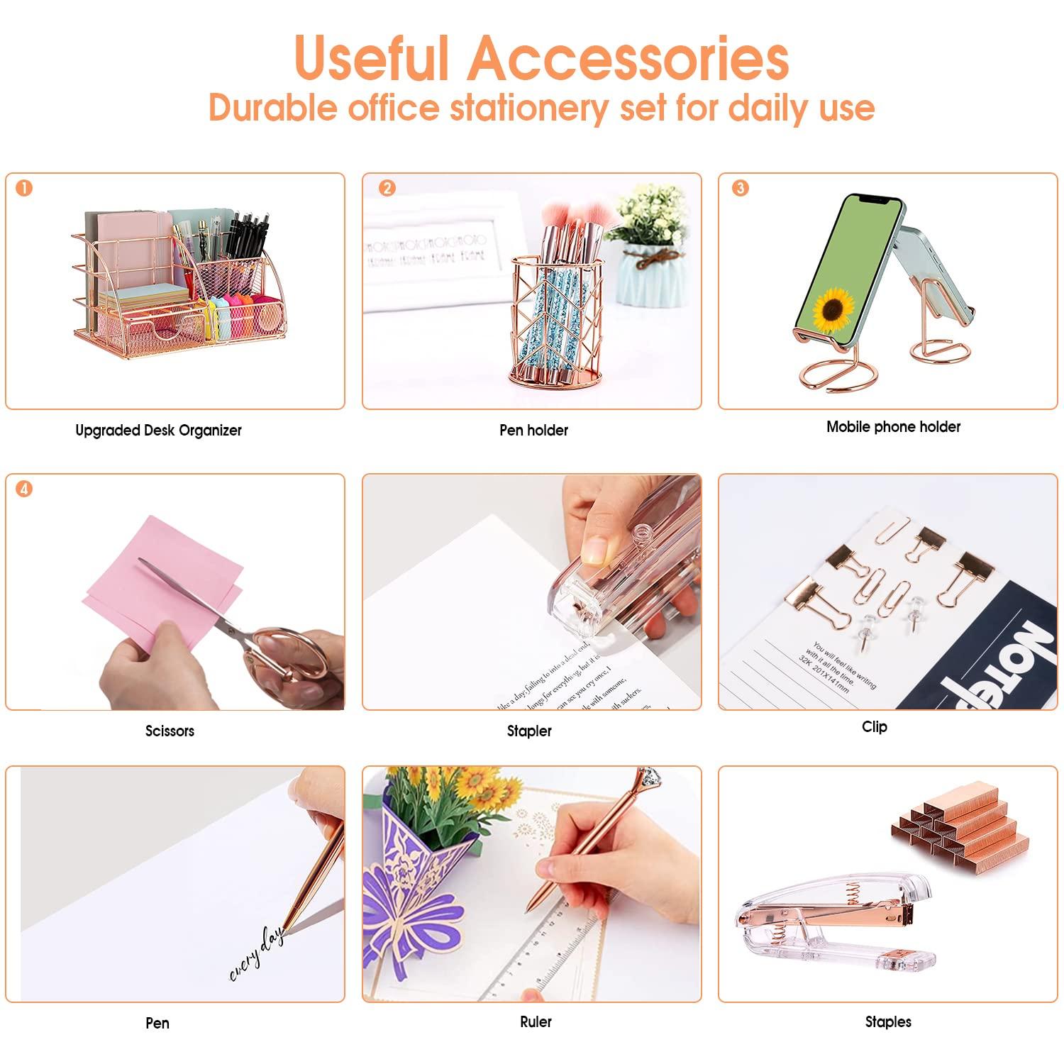 KISPATTI Desk Organizers and Accessories, Rose Gold Office Supplies with Mesh Desk Organizer, Acrylic Stapler, Staples, Ballpoint Pen, Clips Set, Pen Holder, Ruler, Scissor, Phone Holder