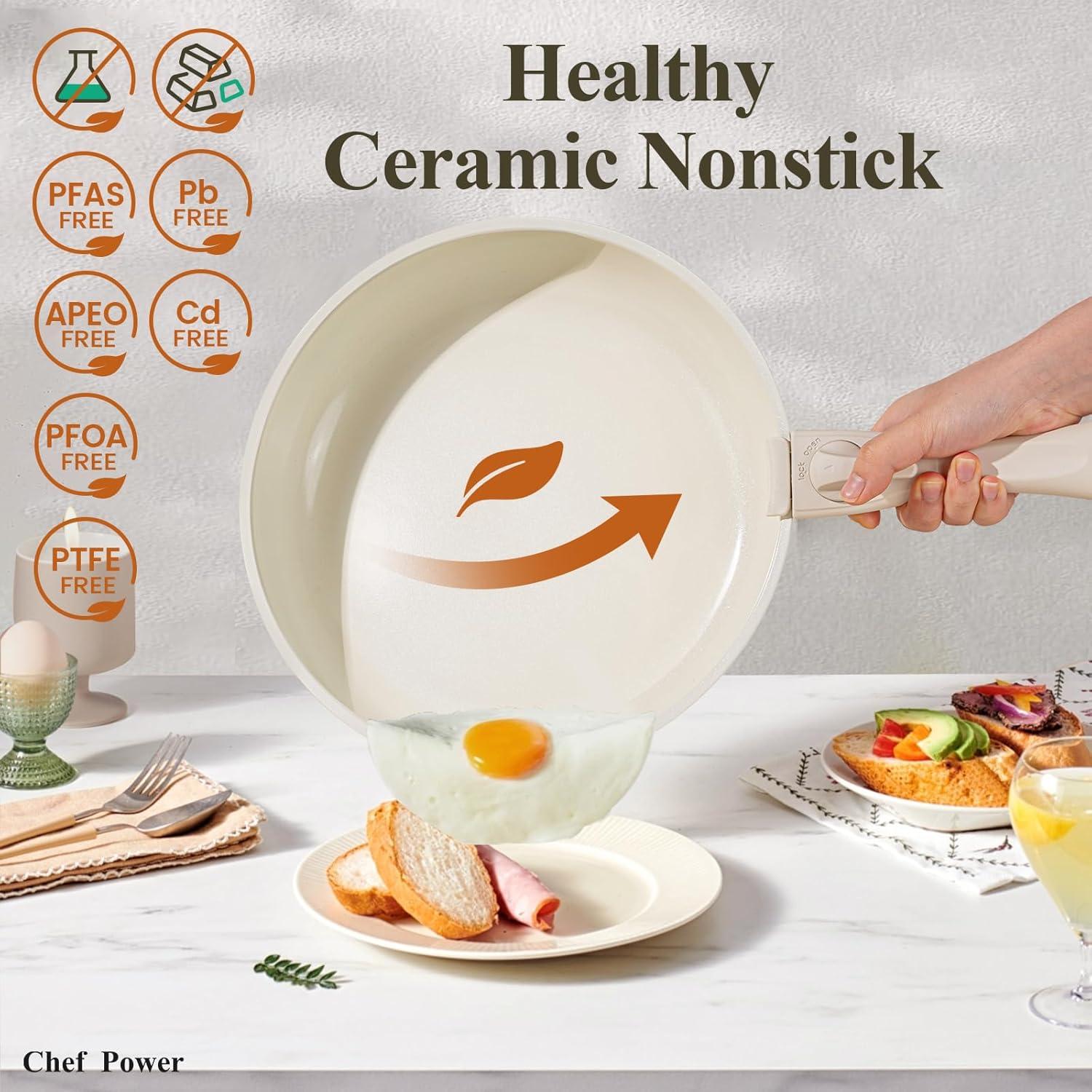 Chef Power Chef Power 19pcs Cream Cake Ceramic Nonstick Pots and Pans Set, Cookware Sets Detachable Handle