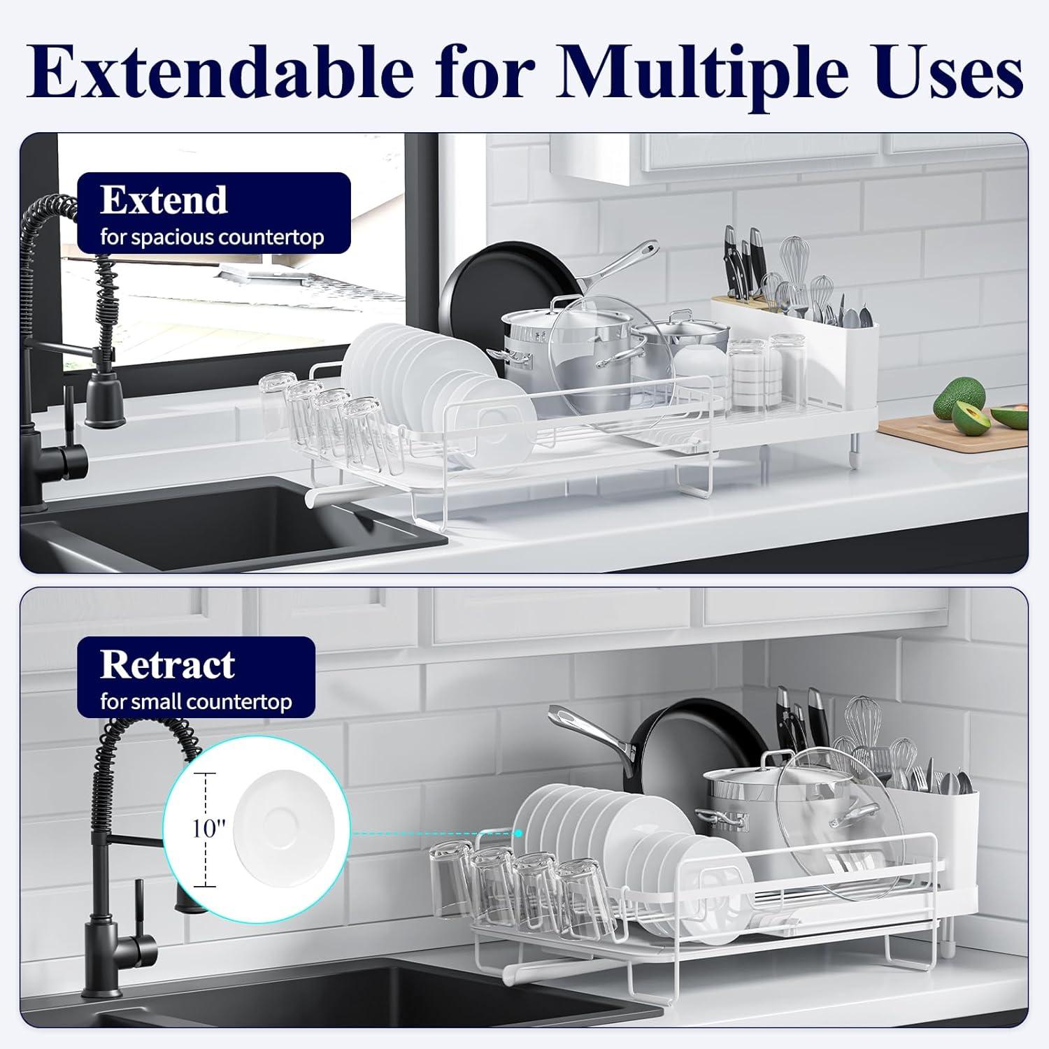 Large Dish Drying Rack - Extendable Dish Rack, Multifunctional Dish Rack for Kitchen Counter, Anti-Rust Drying Dish Rack with Cutlery & Cup Holders 19.2"-26.7" L x 12.9" W, Black