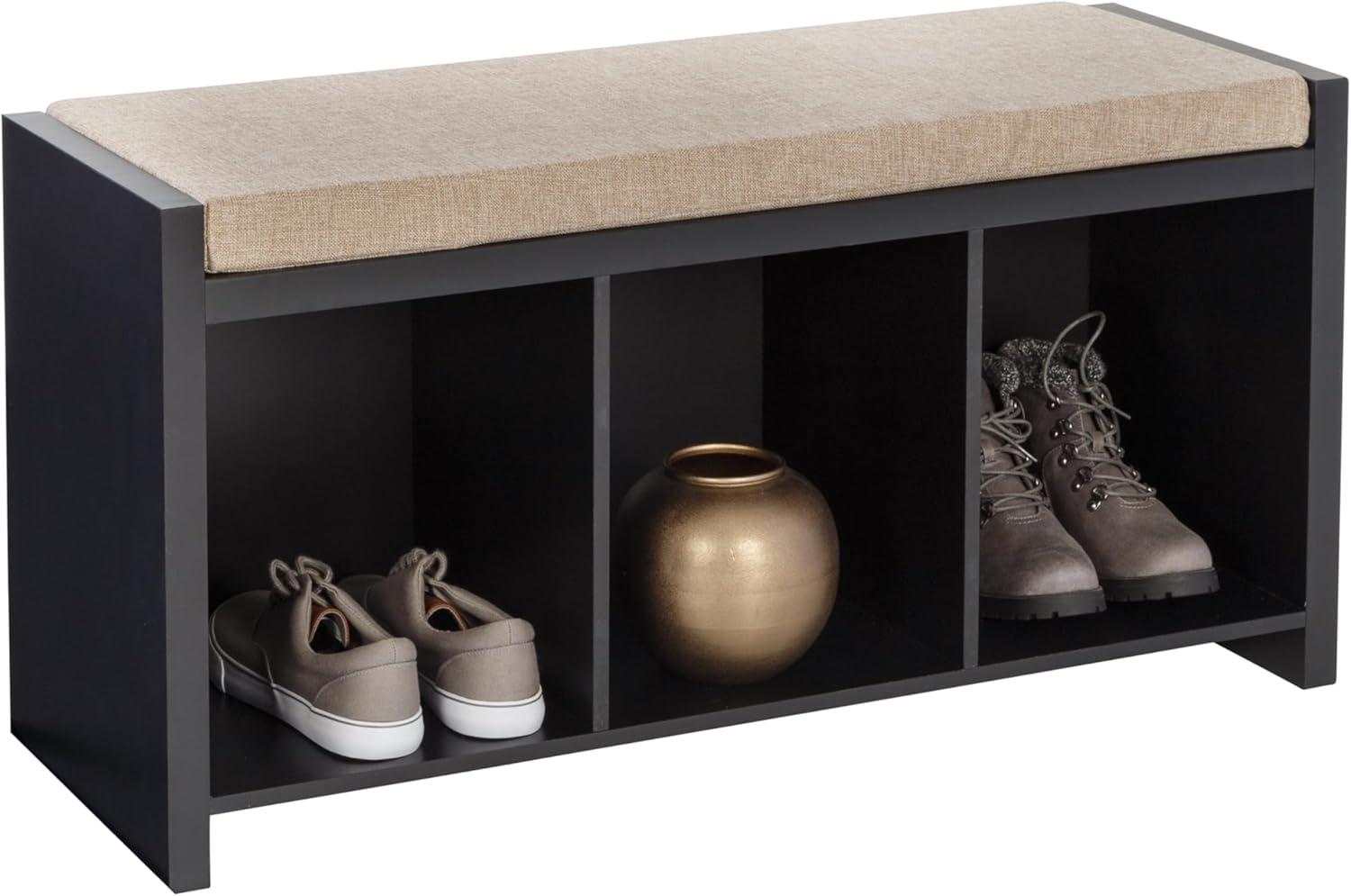 Modern Black Storage Bench with Tan Cushion and Cubby Shelves