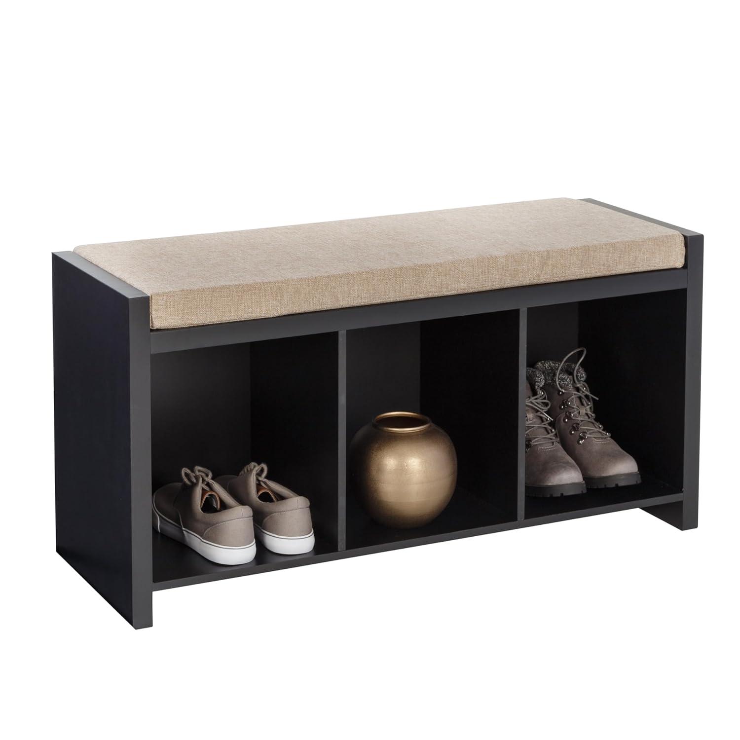 Honey-Can-Do Wood 3-Cubby Shoe Storage Organizer Bench with Cushion, Black/Tan