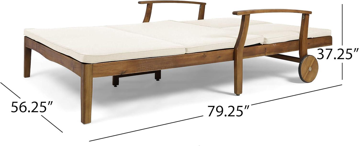 GDF Studio Abena Outdoor Acacia Wood Double Adjustable Chaise Lounge with Cushions, Teak and Cream