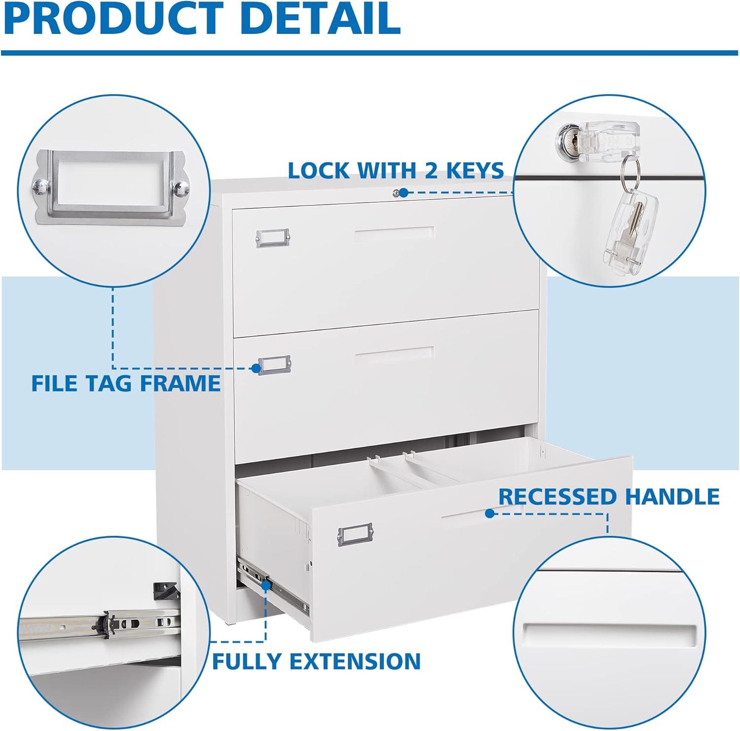 Lateral File Cabinet 3 Drawer,Metal Storage File Cabinet with Lock,Steel Lateral File Cabinet for Legal/Letter A4 Size,Wide File Cabinet for Office Home,Assembly Required